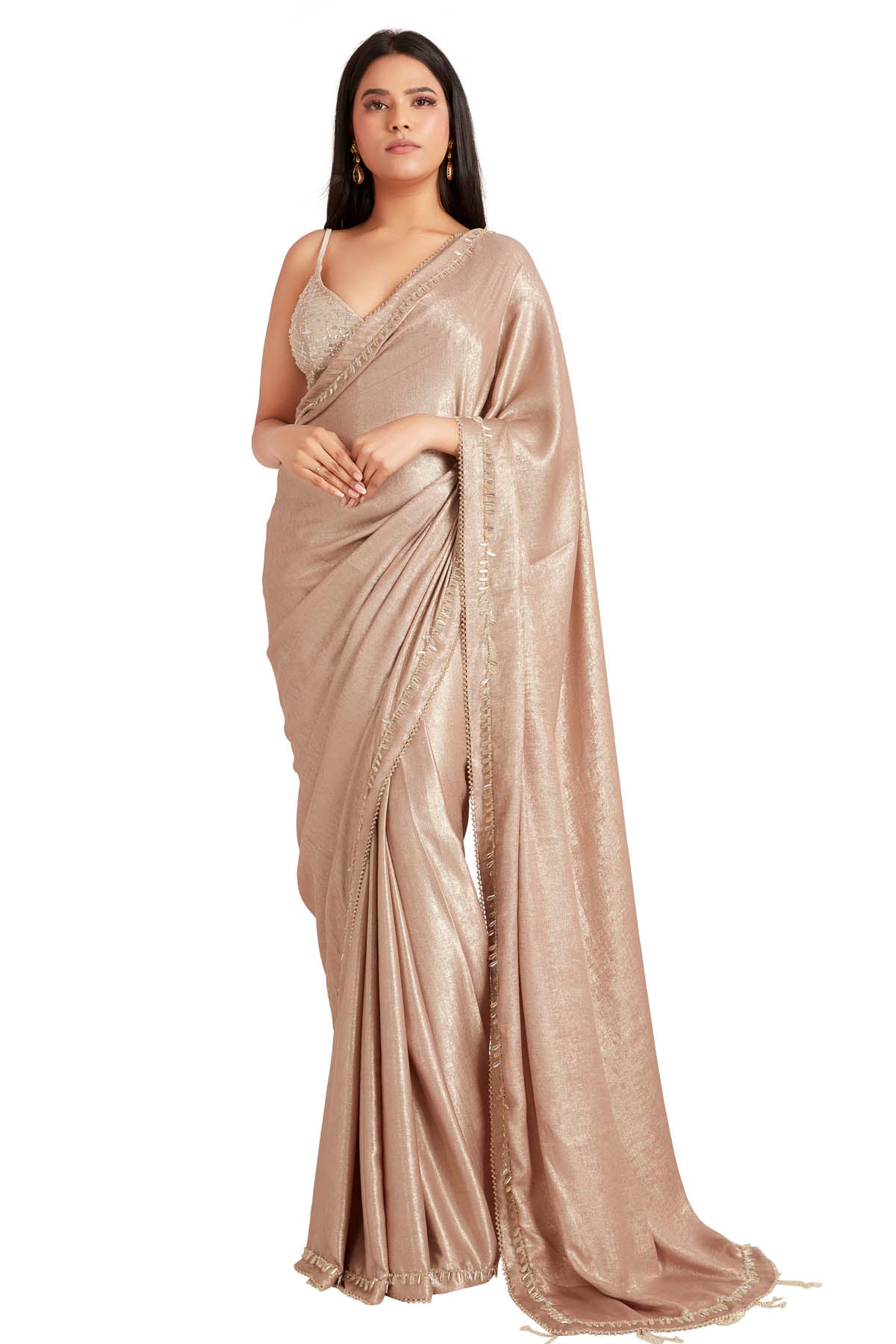 Vastra by Mala Munde Tan Shine Crystal Saree & Blouse for women online at ScrollnShops