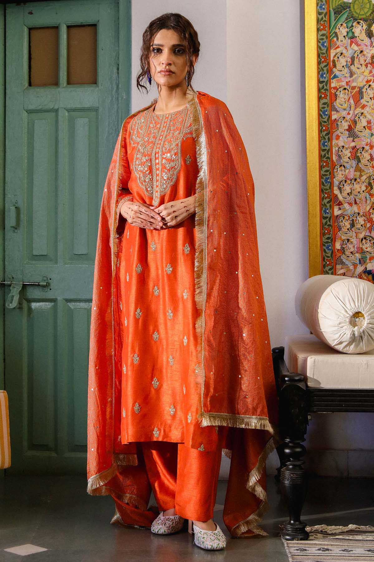 Tangerine Embroidered Kurta Set
