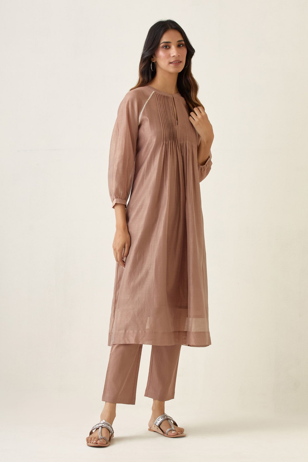 Taupe Chanderi Pintuck Kurta Set