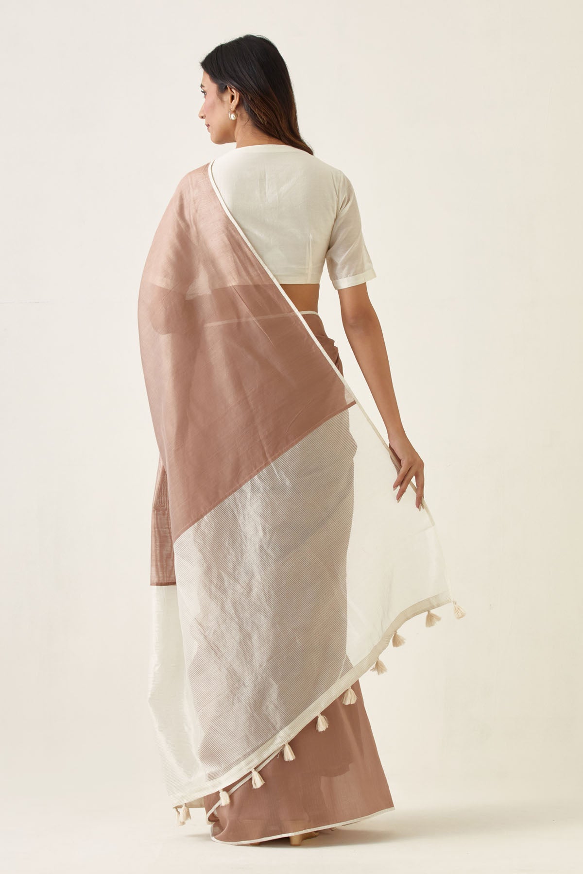 Taupe Chanderi Saree With Tassels