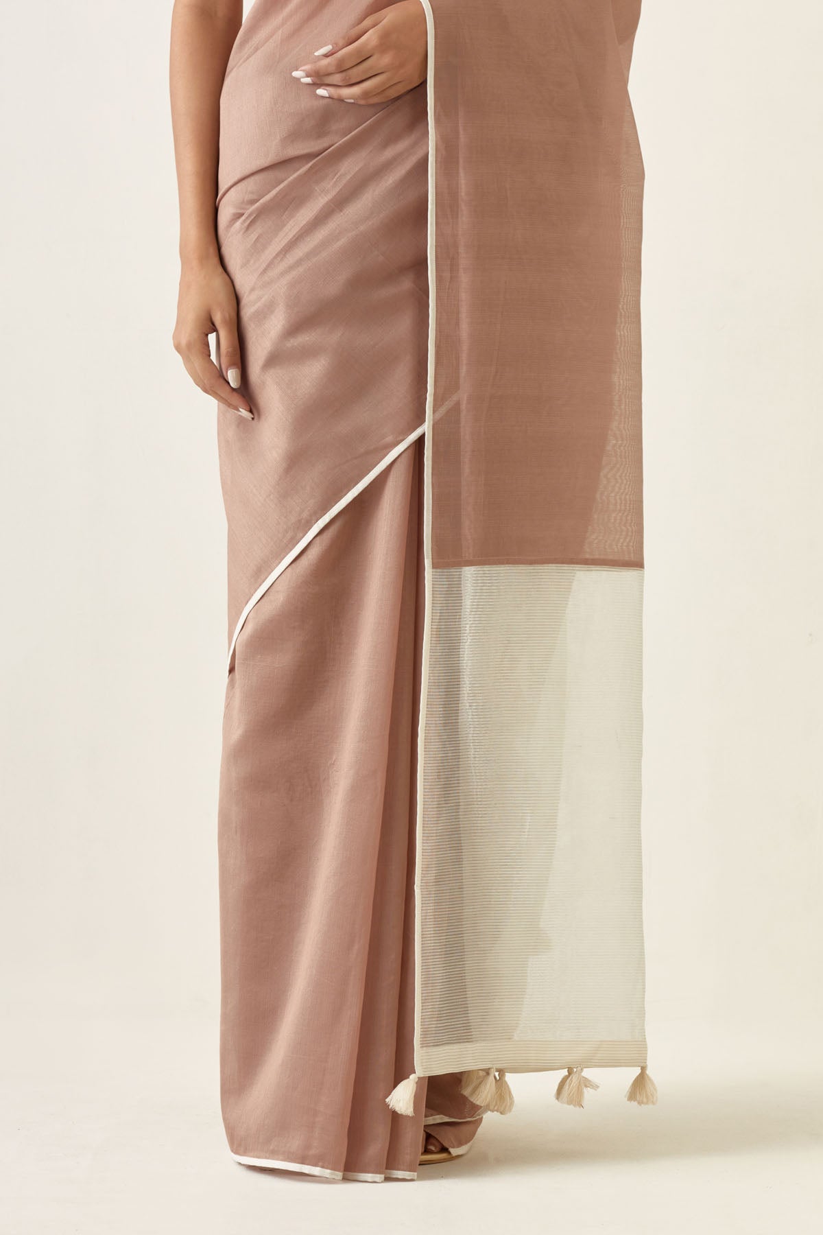 Taupe Chanderi Saree With Tassels