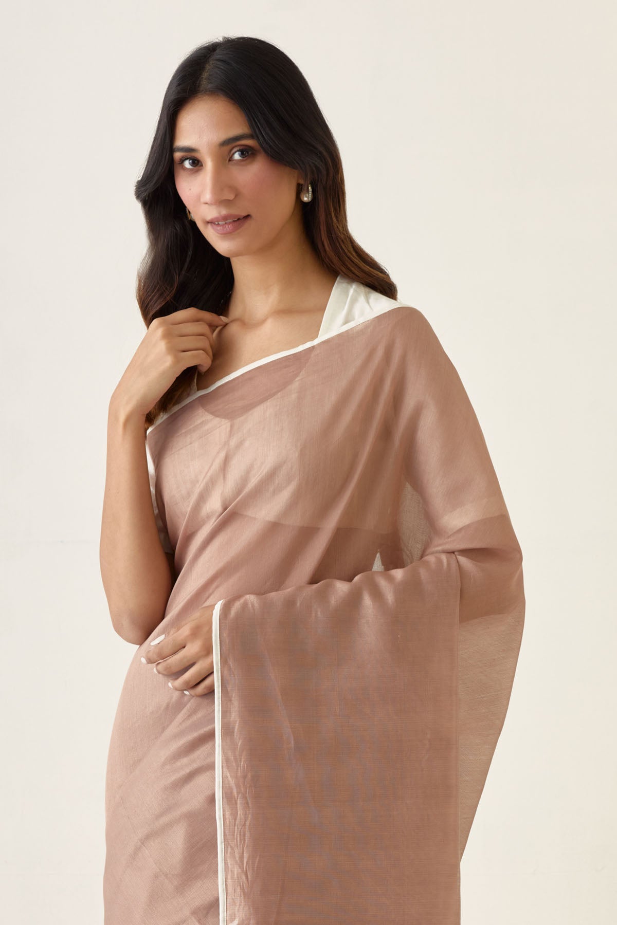 Taupe Chanderi Saree With Tassels