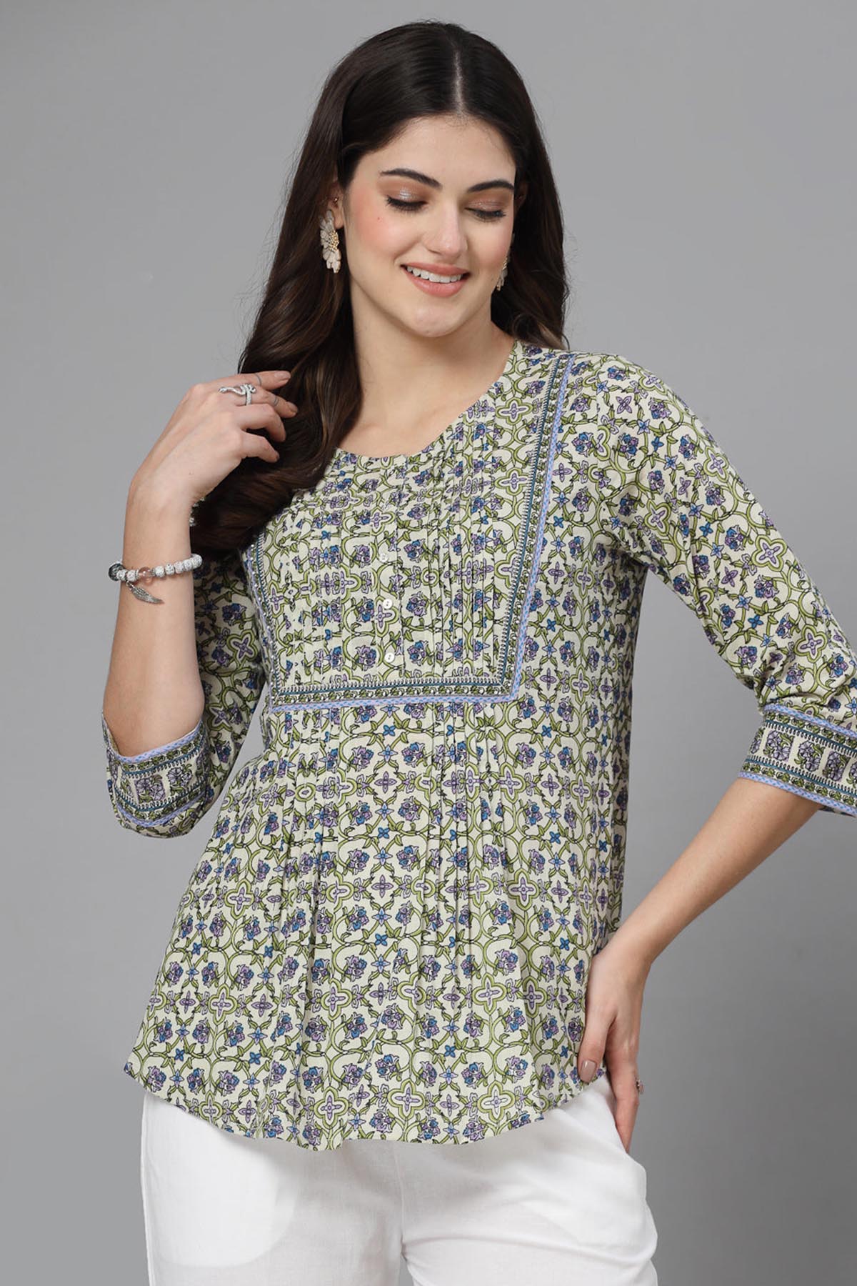 Buy Tea Green Printed Pintuck Top for Women by Qomn Designer online available at scrollnshops