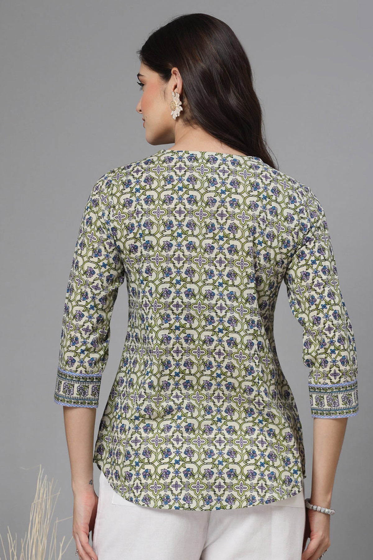 Tea Green Printed Pintuck Top