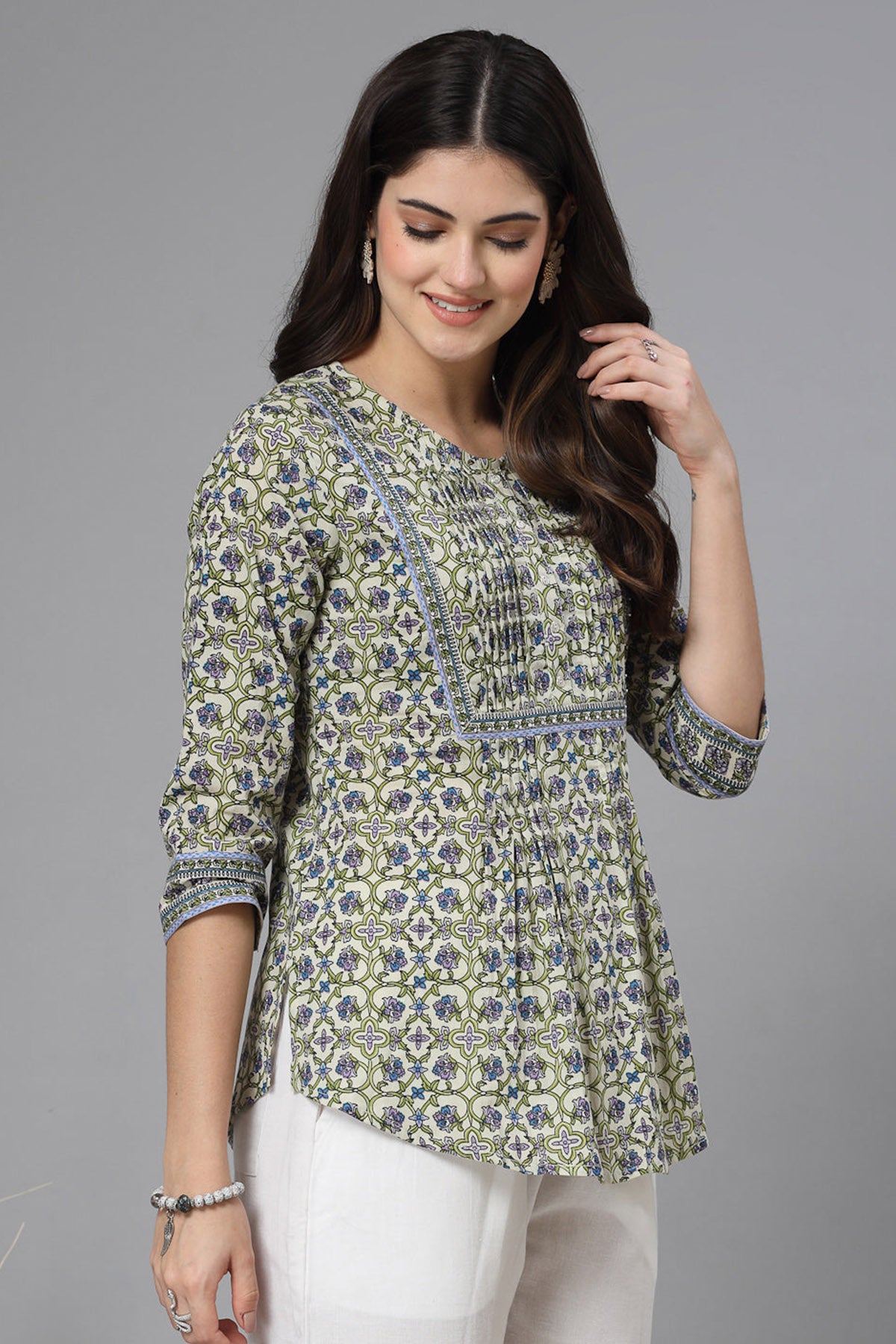 Tea Green Printed Pintuck Top