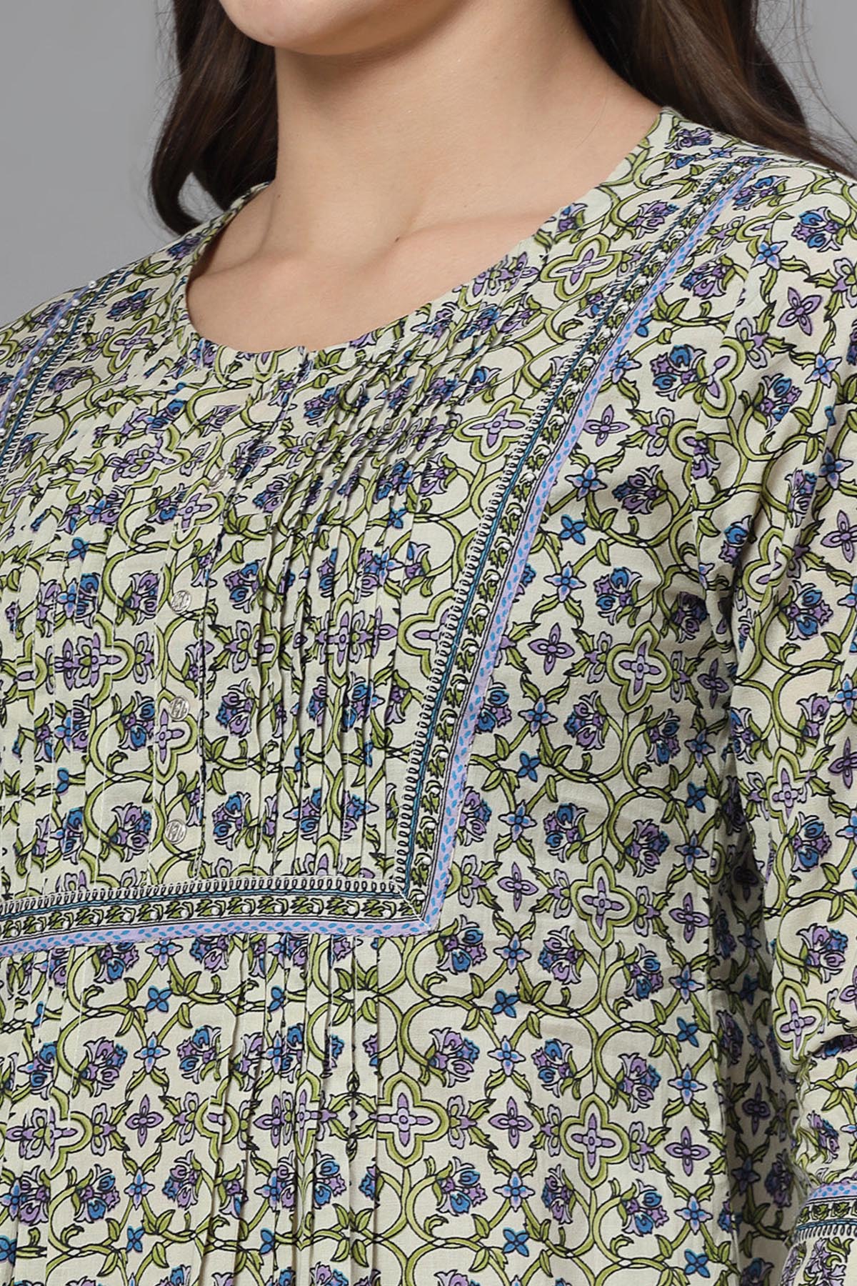 Tea Green Printed Pintuck Top