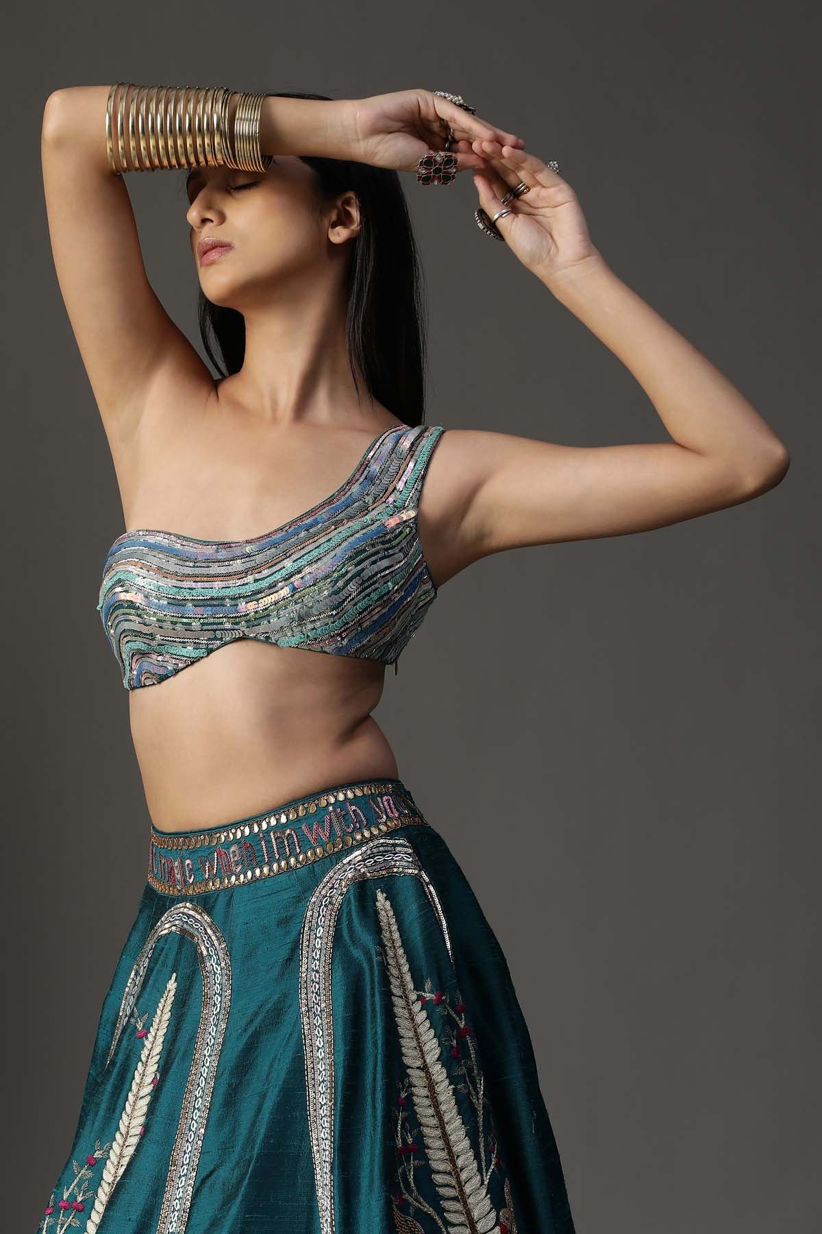 Teal Blue Embroidered Lehenga Set