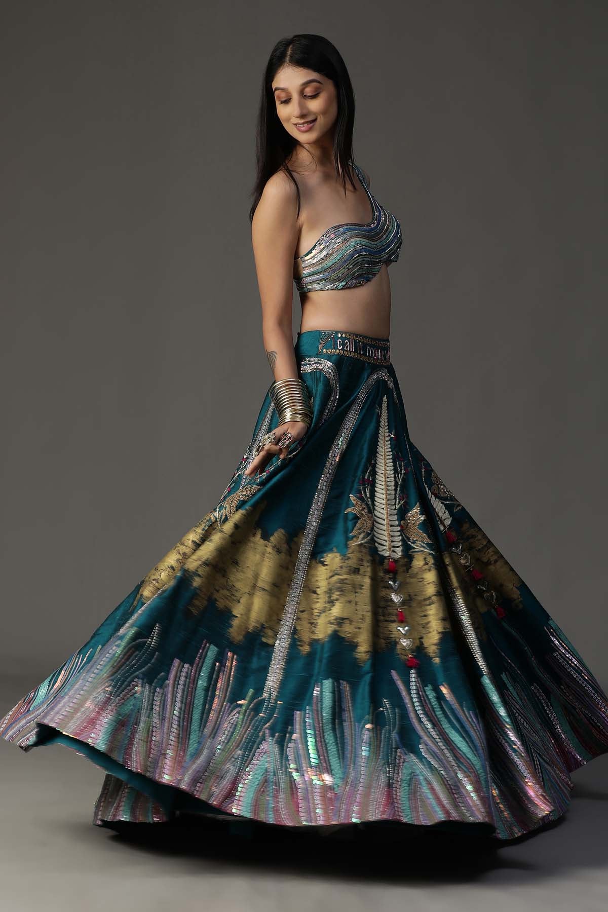 Teal Blue Embroidered Lehenga Set