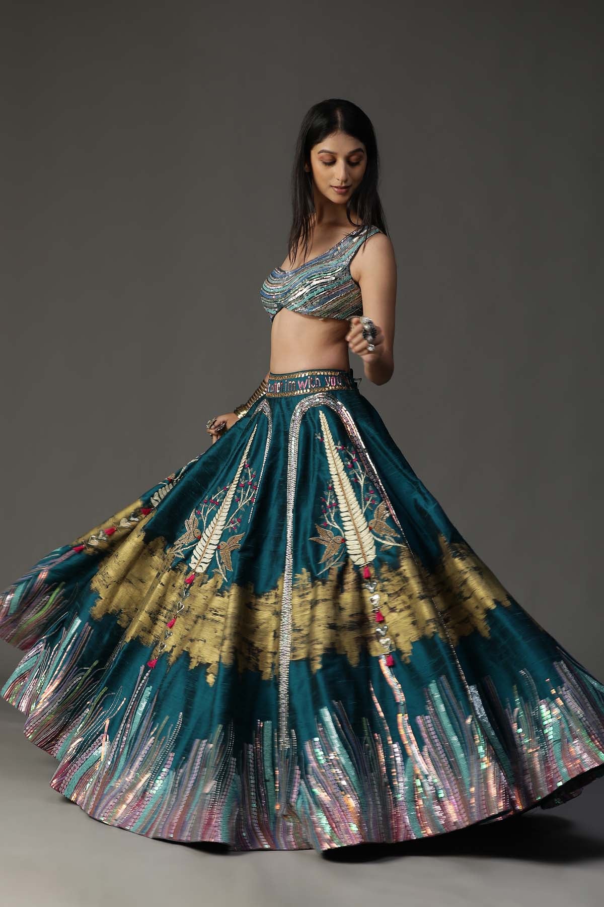Teal Blue Embroidered Lehenga Set