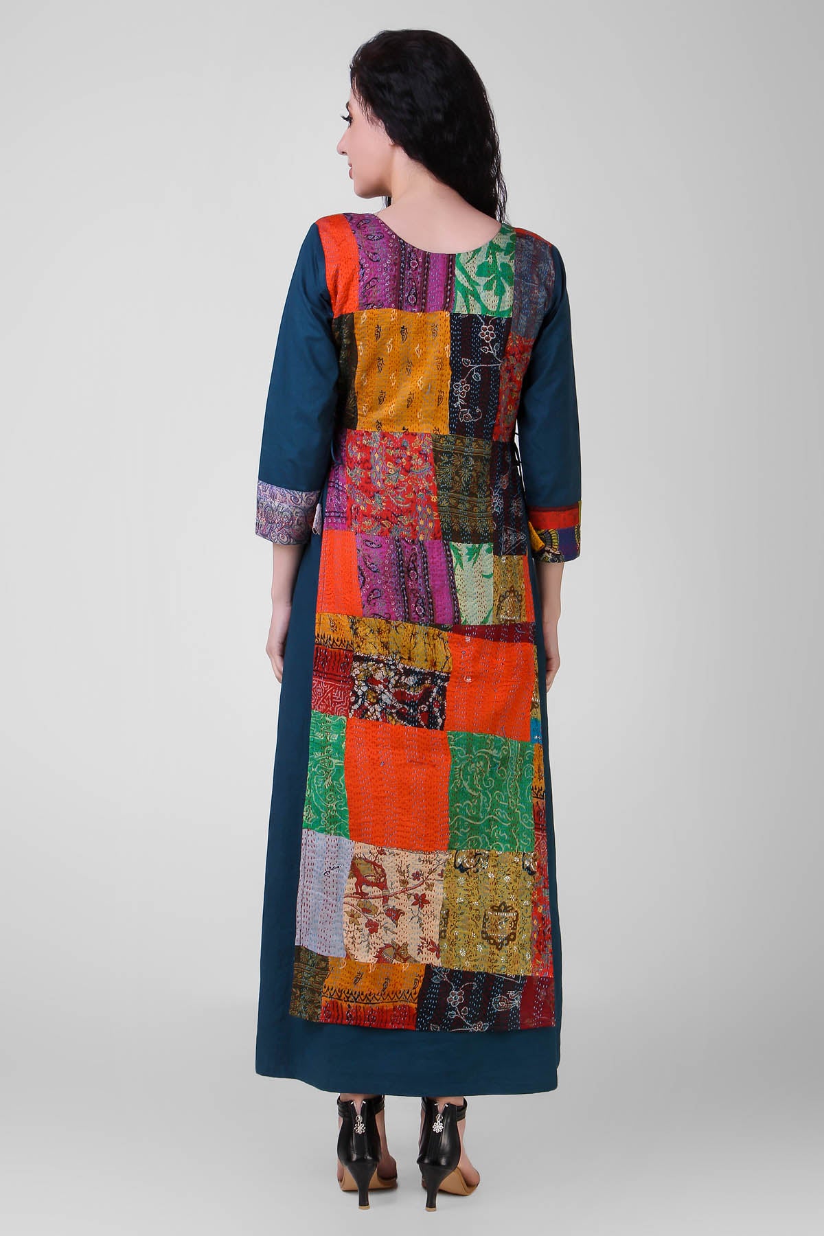 Teal Cotton Silk Kantha Dress