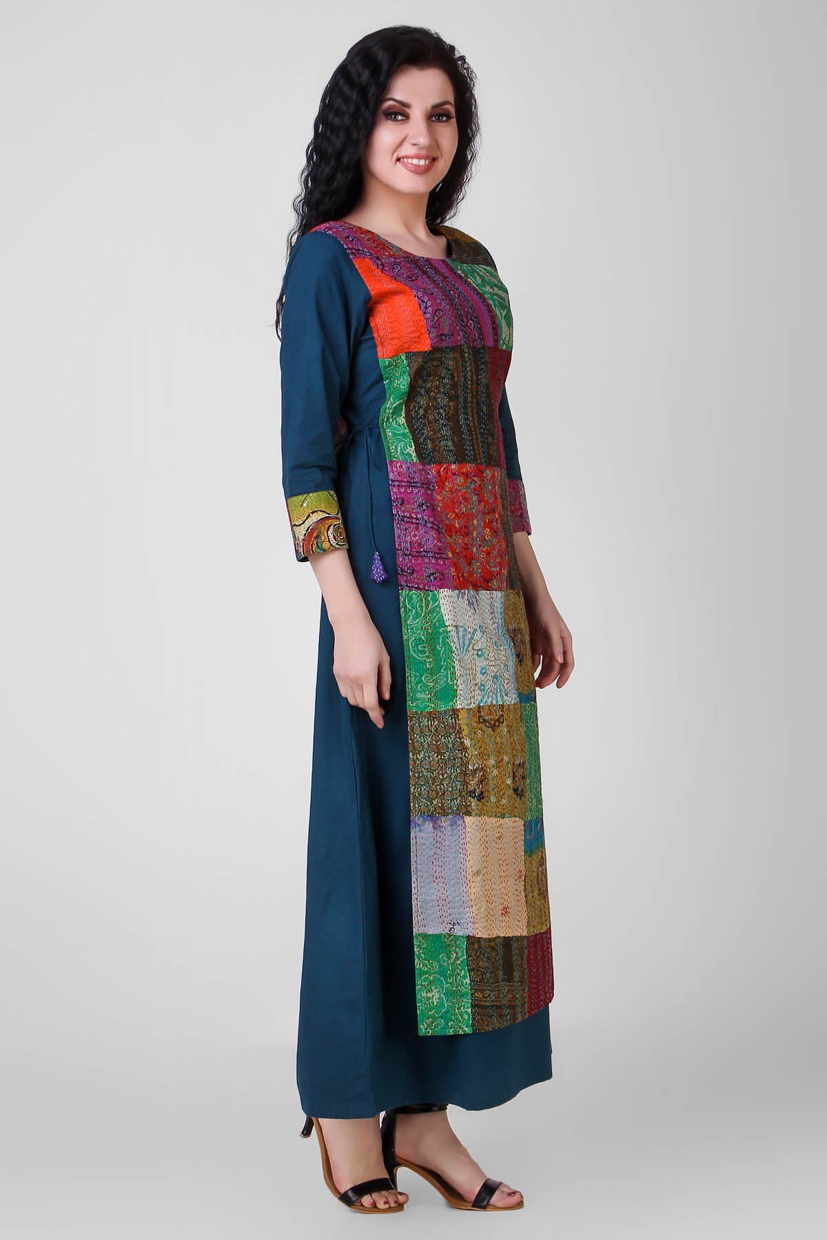 Teal Cotton Silk Kantha Dress
