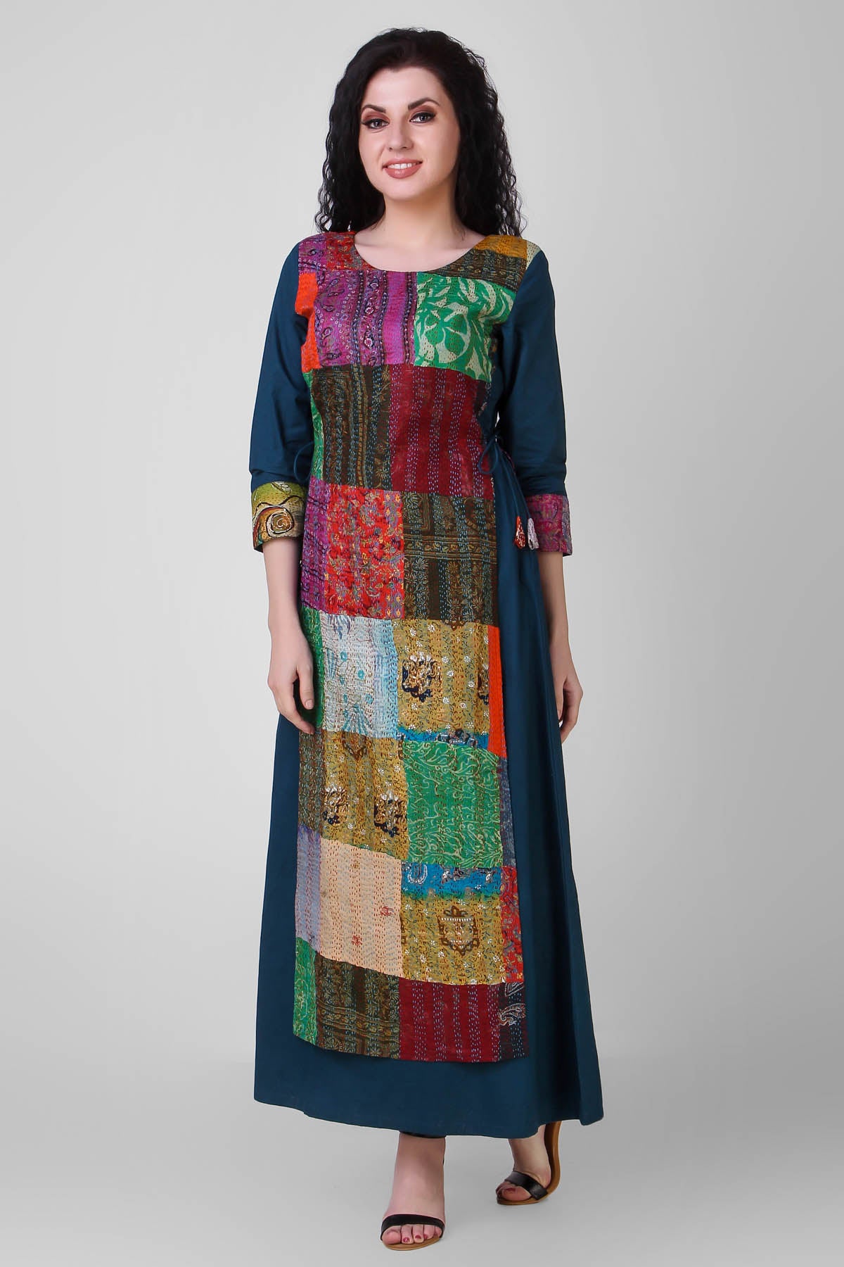 Teal Cotton Silk Kantha Dress
