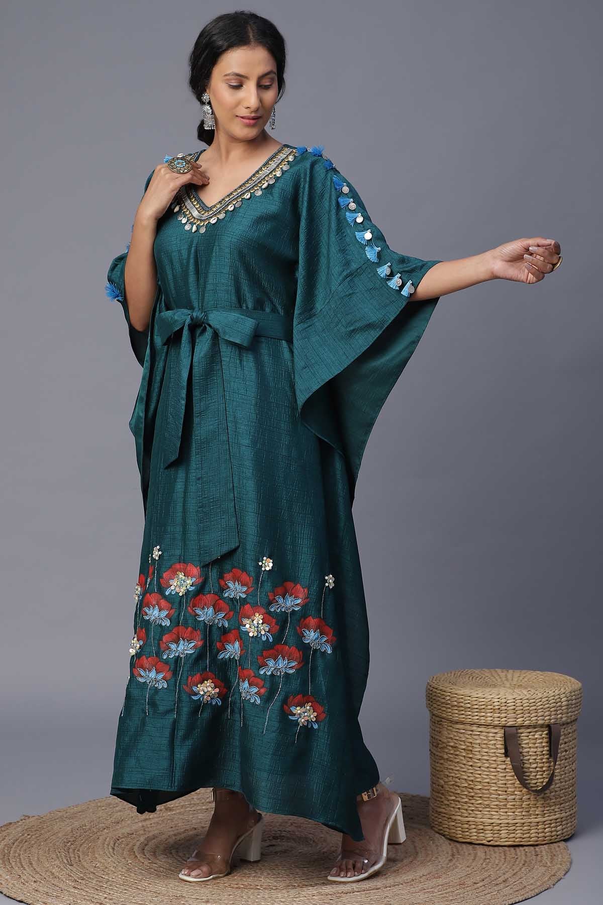Teal Green Botanical Kaftan