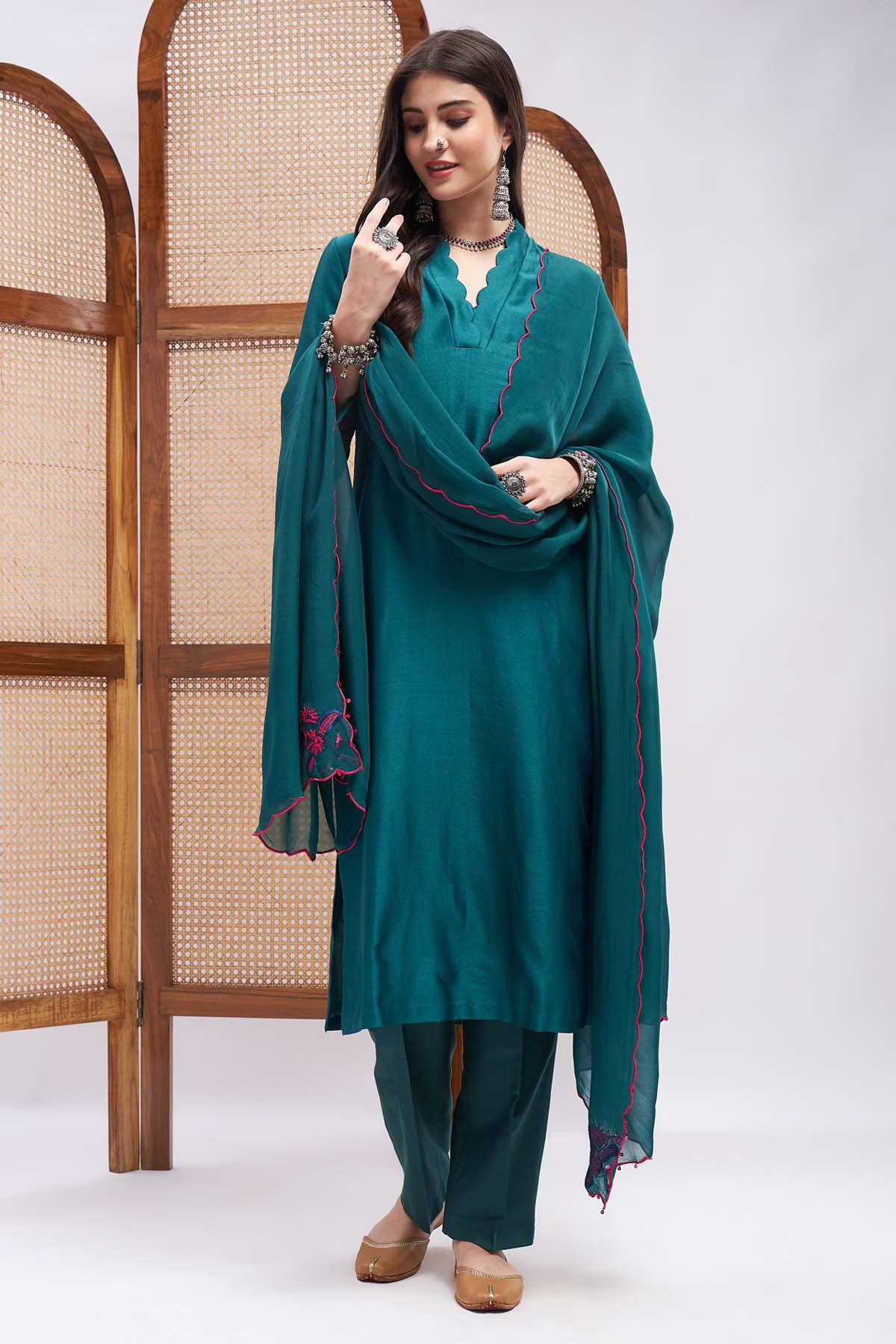Teal Green V-Neck Kurta Set