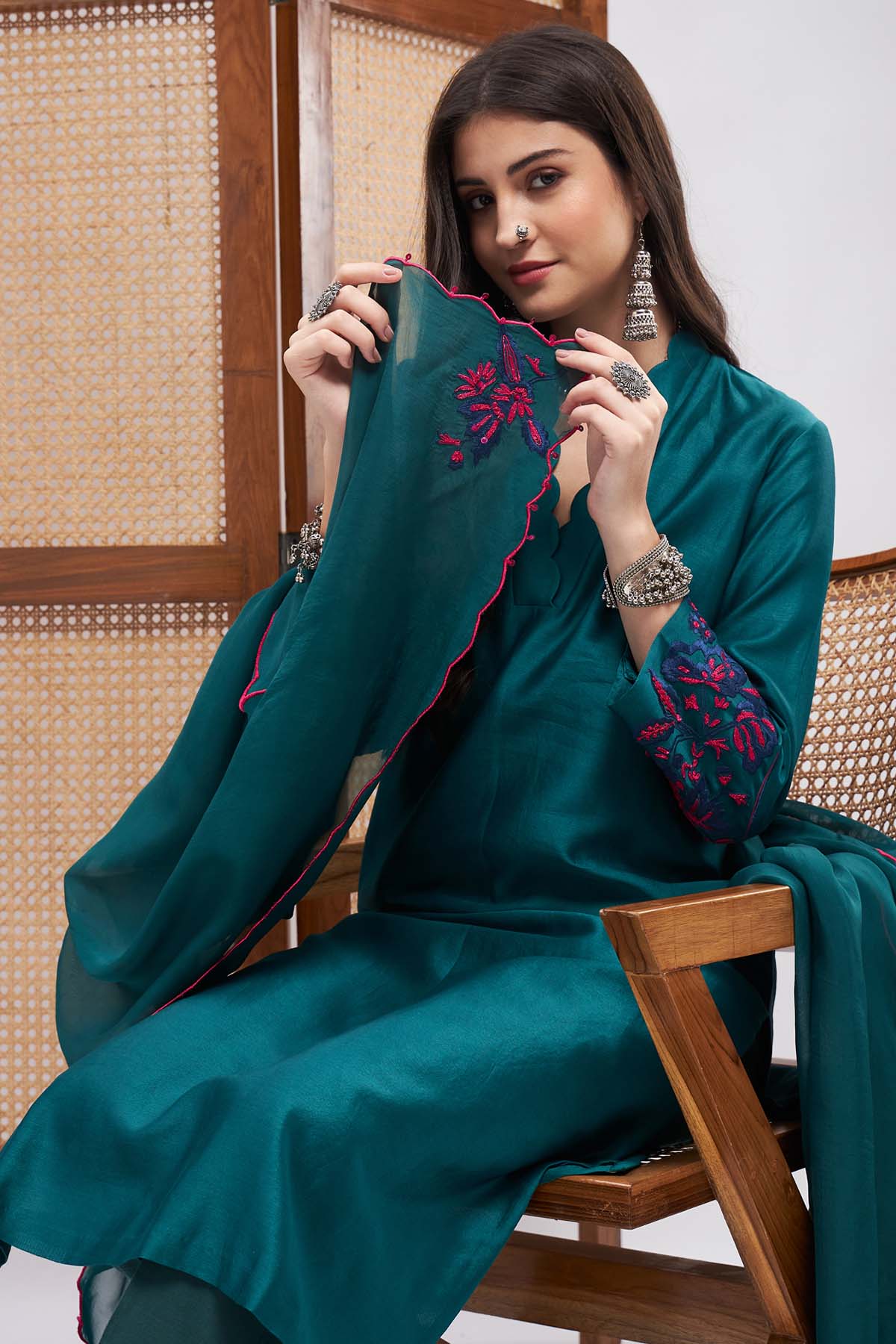 Teal Green V-Neck Kurta Set
