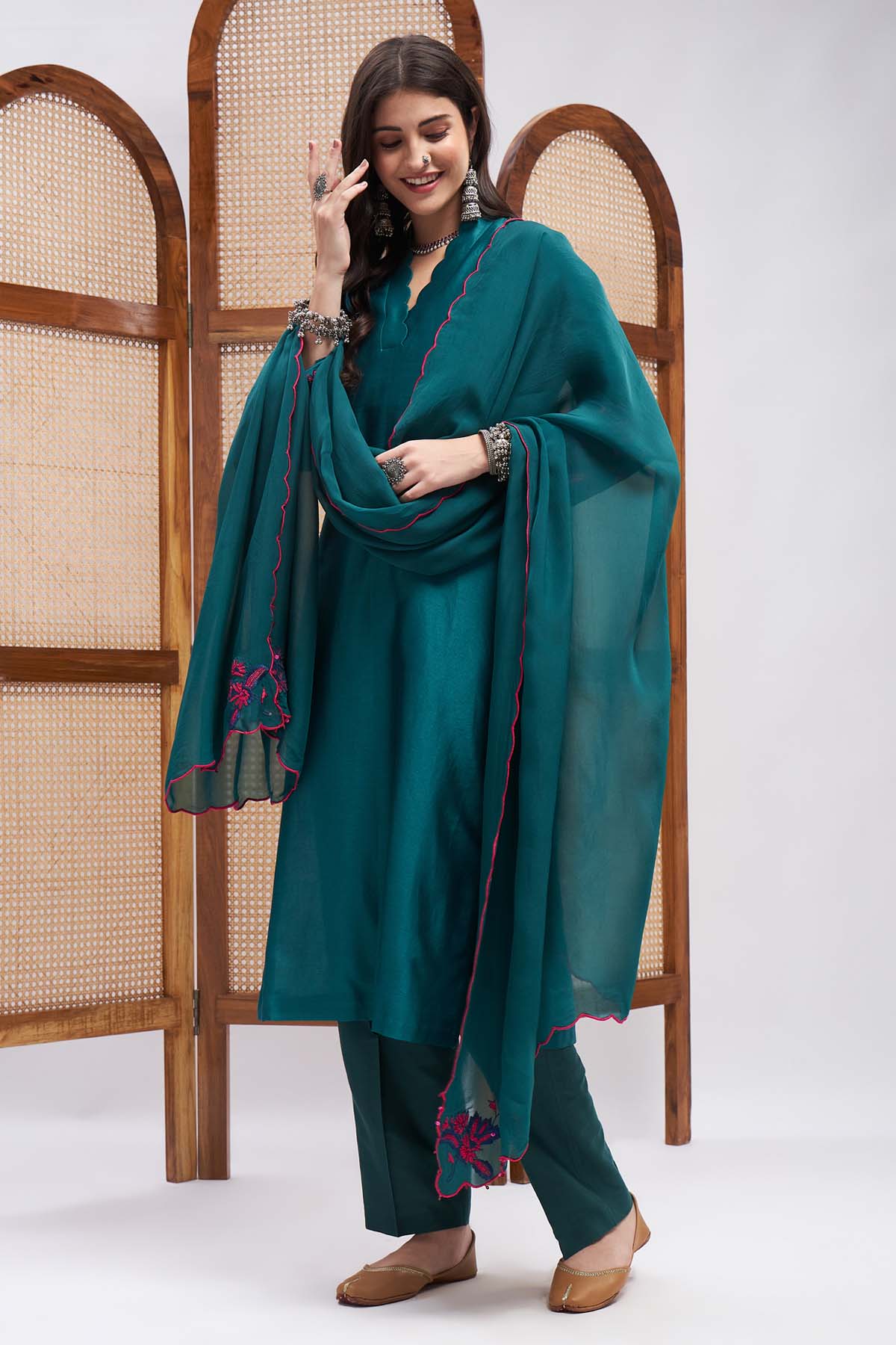 Teal Green V-Neck Kurta Set