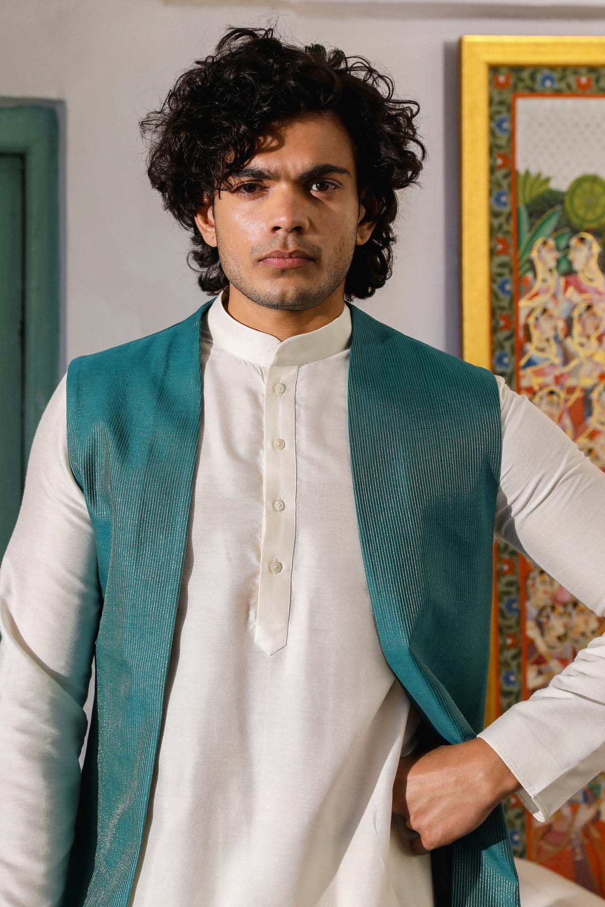 Teal Green Embroidered Bundi