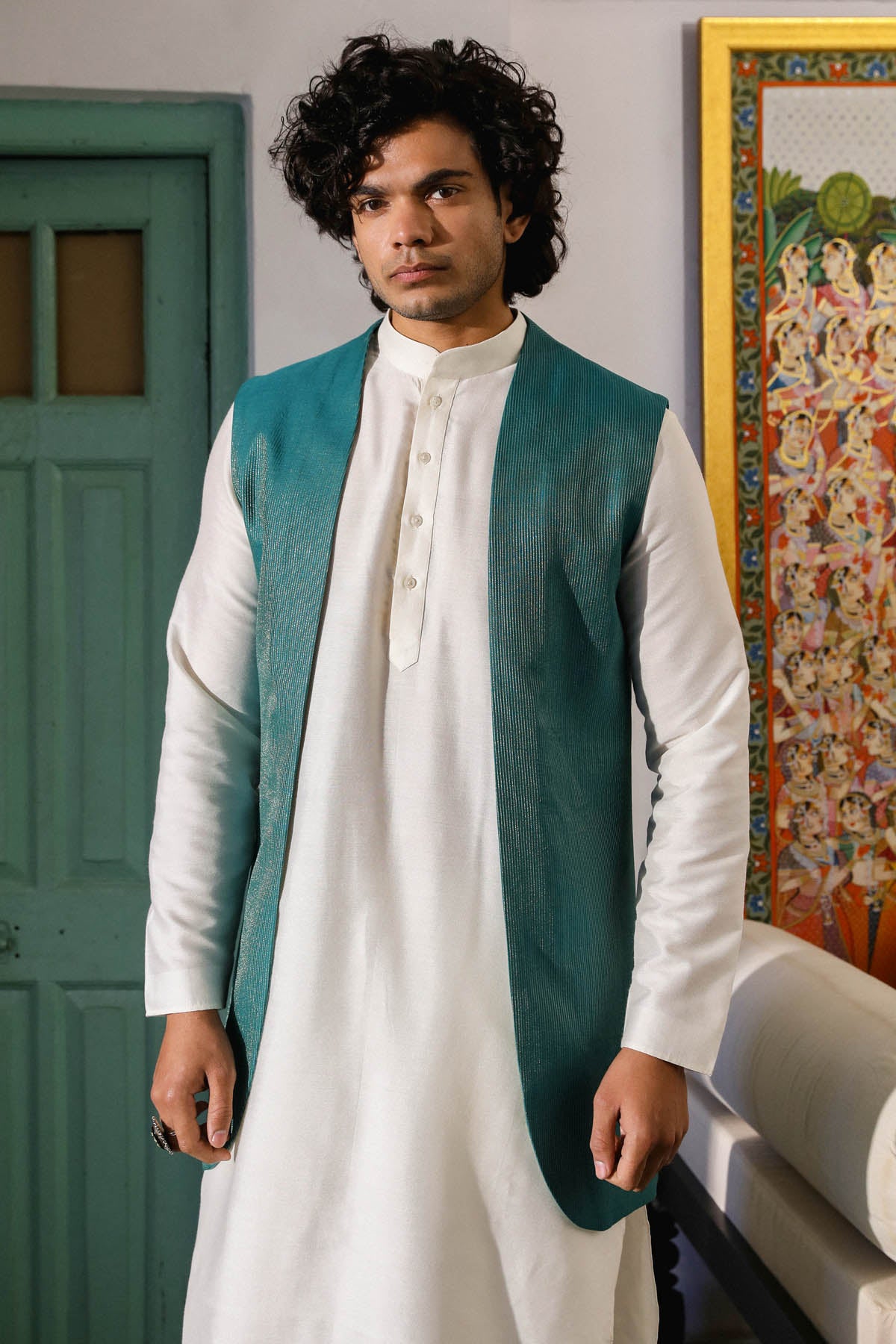 Teal Green Embroidered Bundi