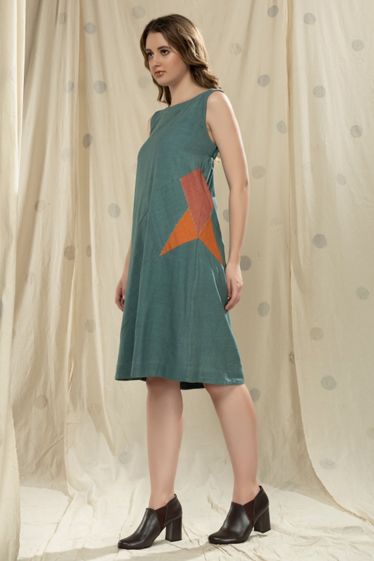 Teal handwoven Cotton Sleeveless Dress