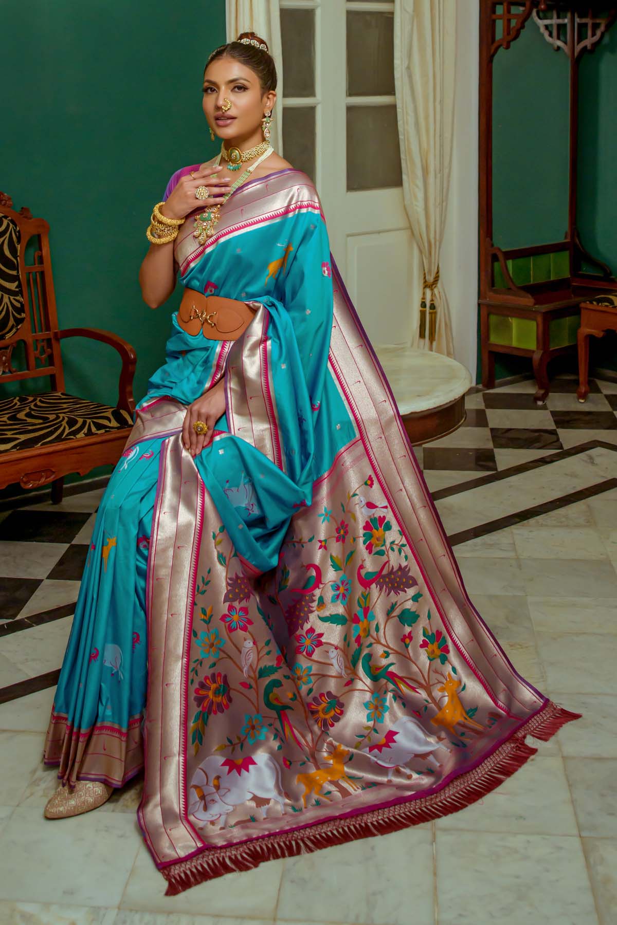 Teal Meenakari Zari Woven Saree