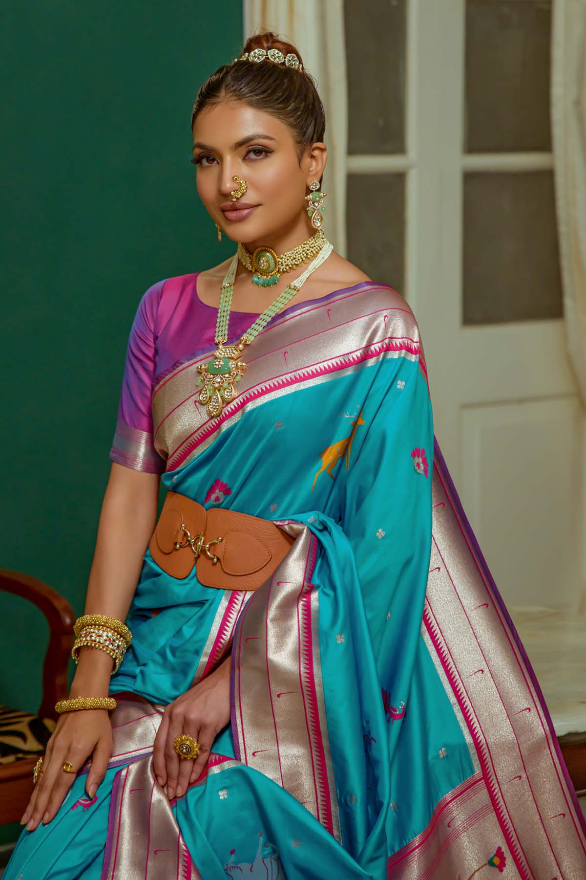 Teal Meenakari Zari Woven Saree