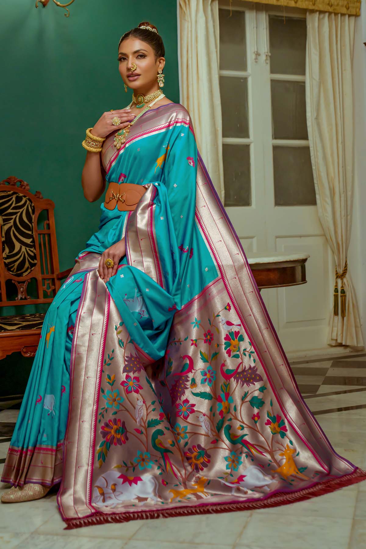 Teal Meenakari Zari Woven Saree