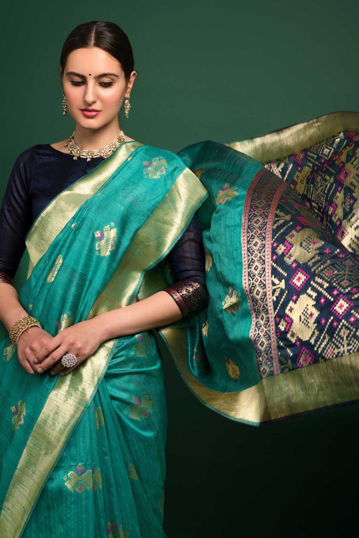 Teal Tussar Silk Saree