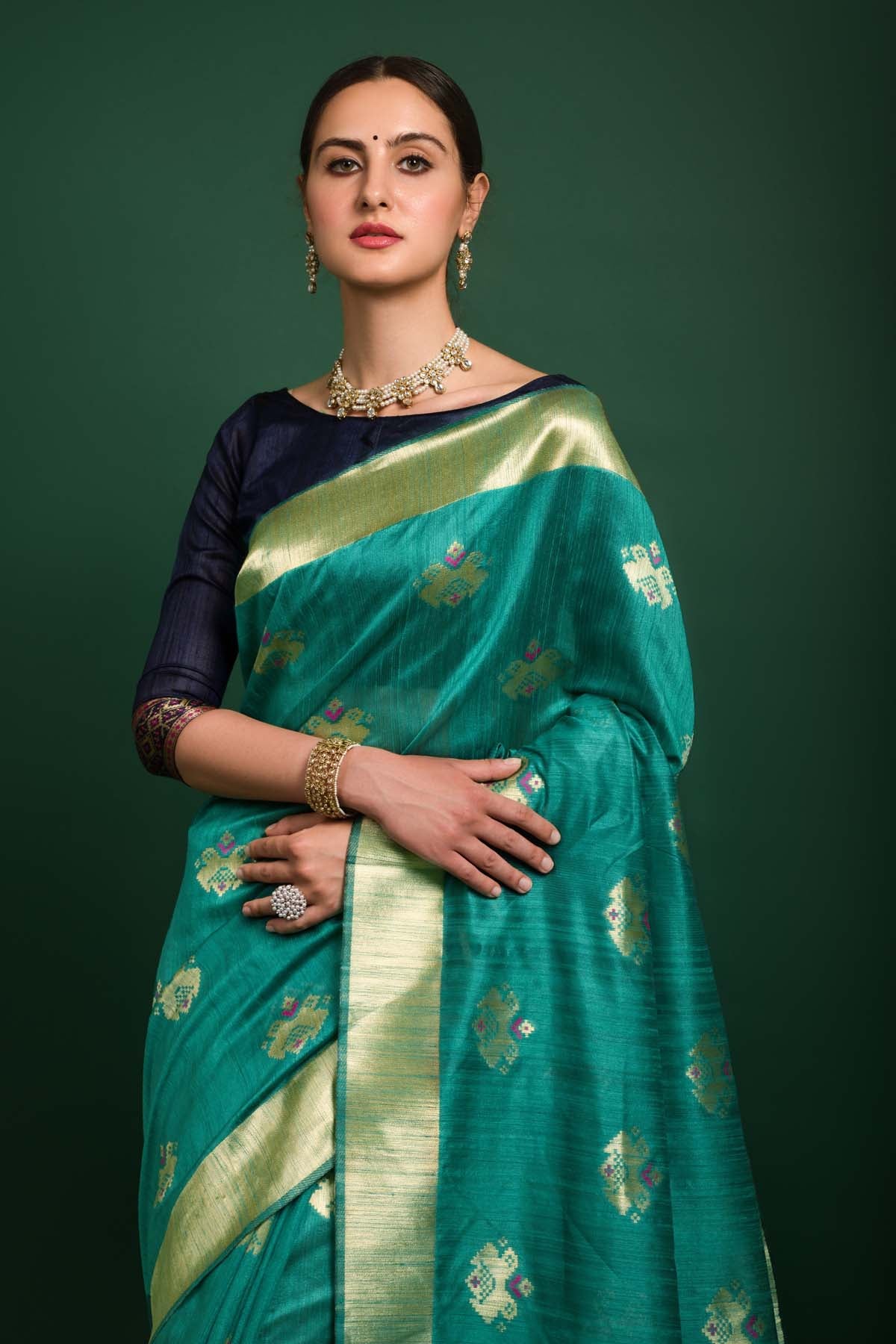Teal Tussar Silk Saree