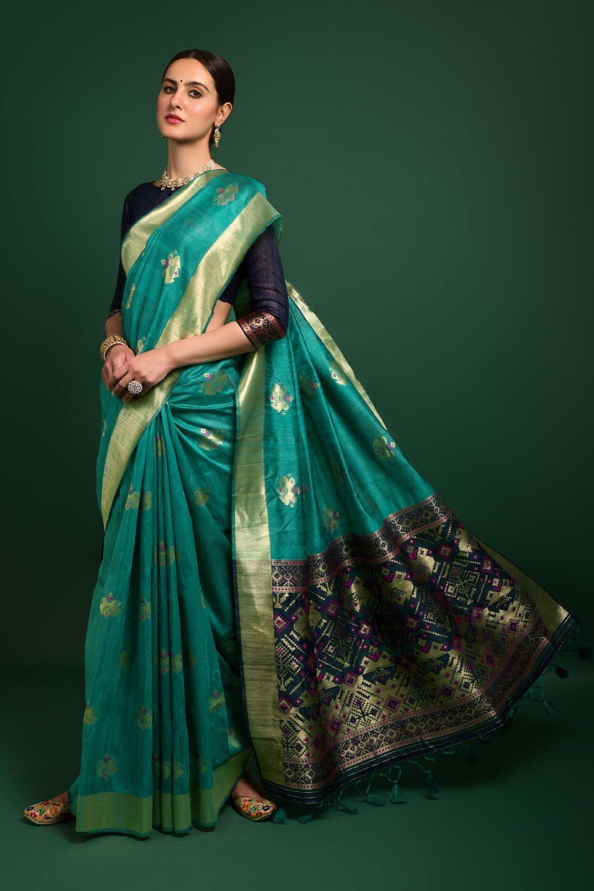 Teal Tussar Silk Saree