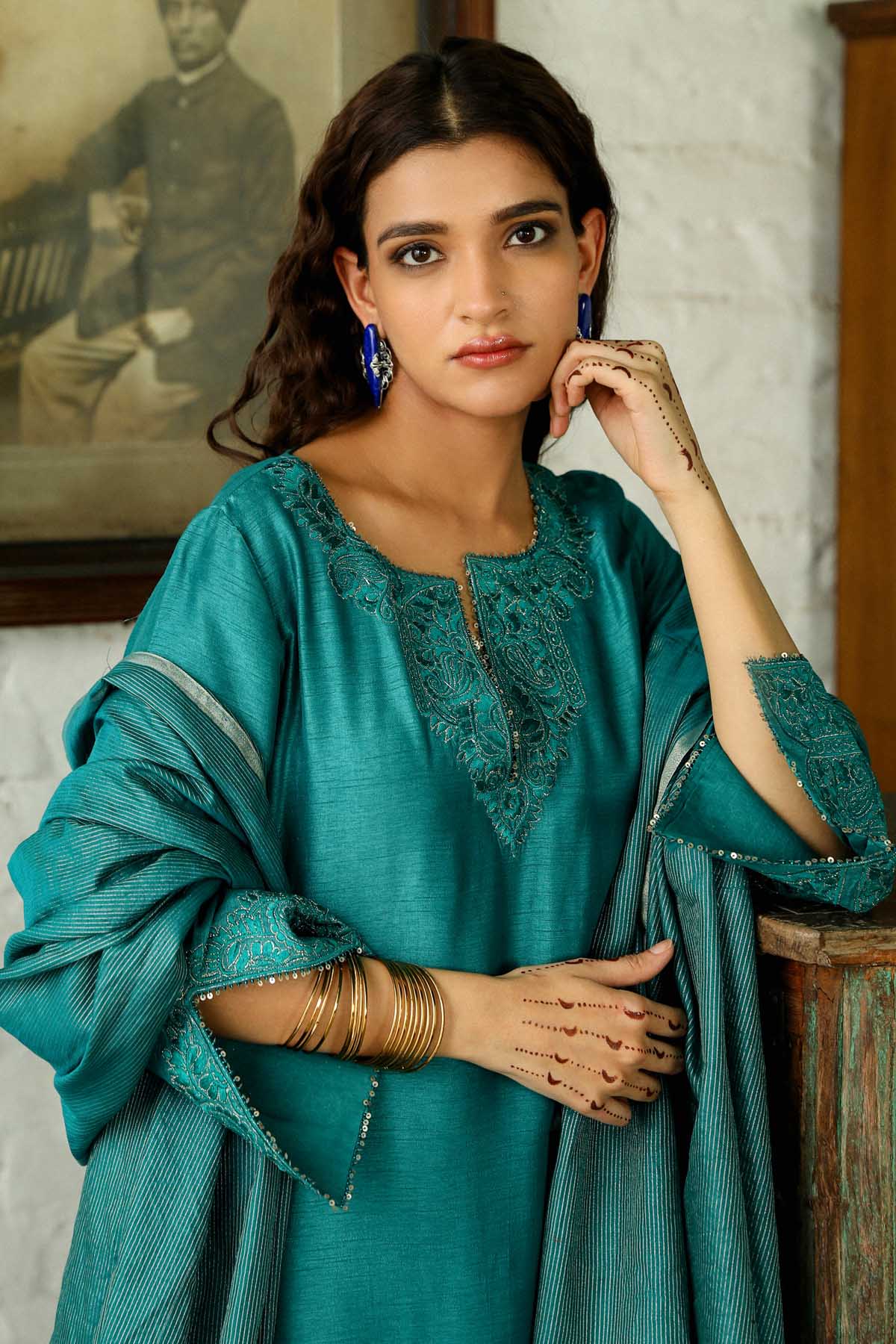 Teal Zari Embroidered Kurta Set