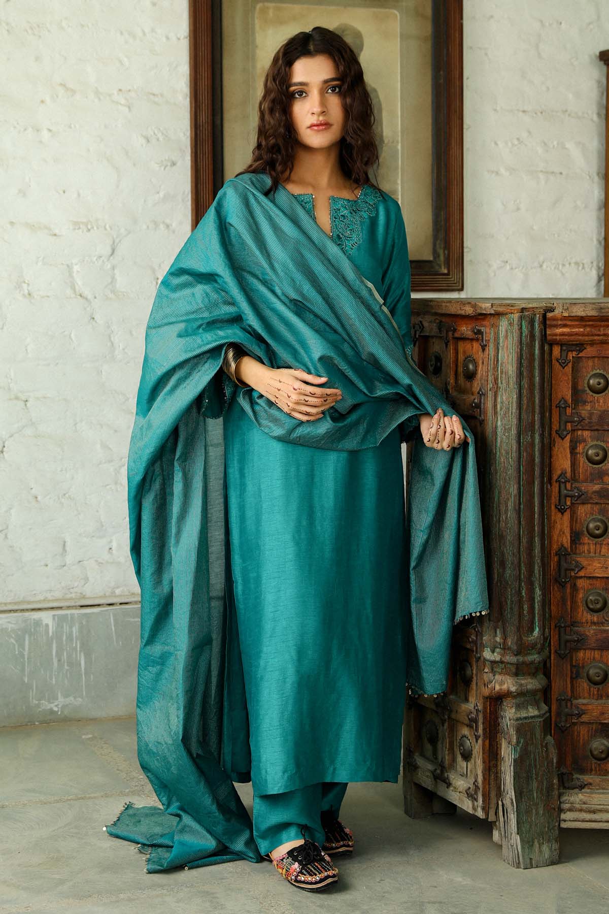 Teal Zari Embroidered Kurta Set