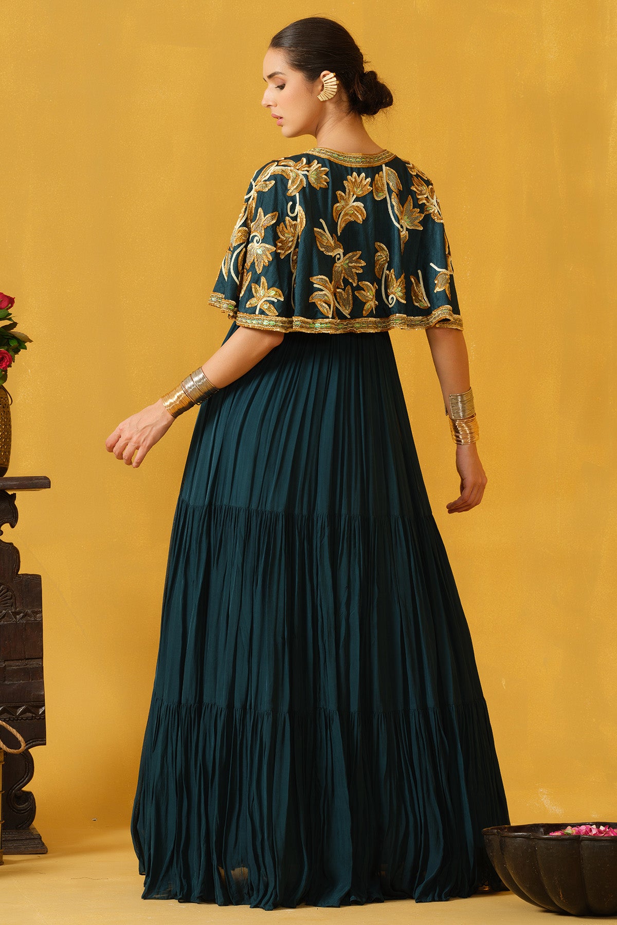 Teal Applique Embellished Gown