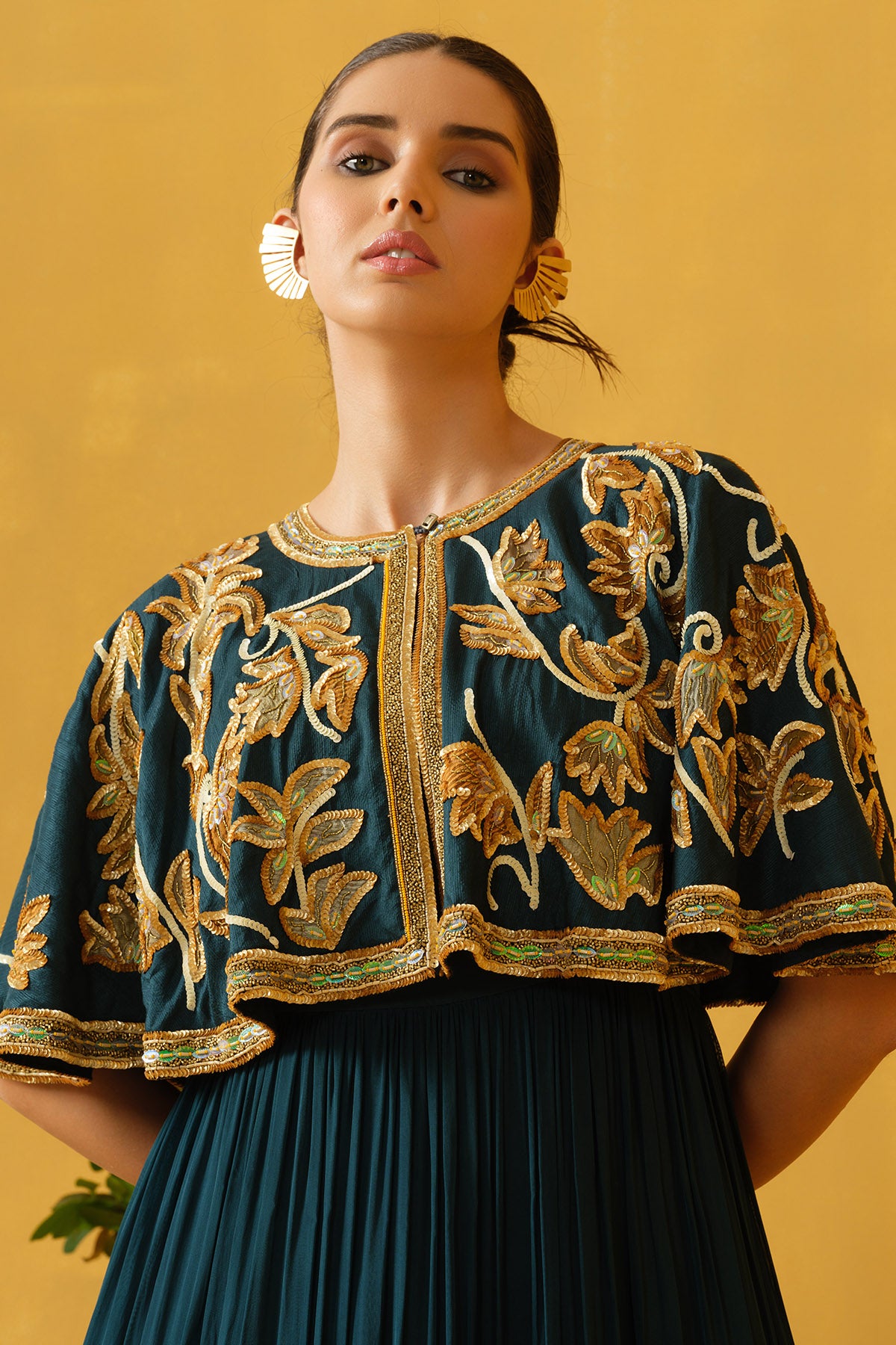 Teal Applique Embellished Gown