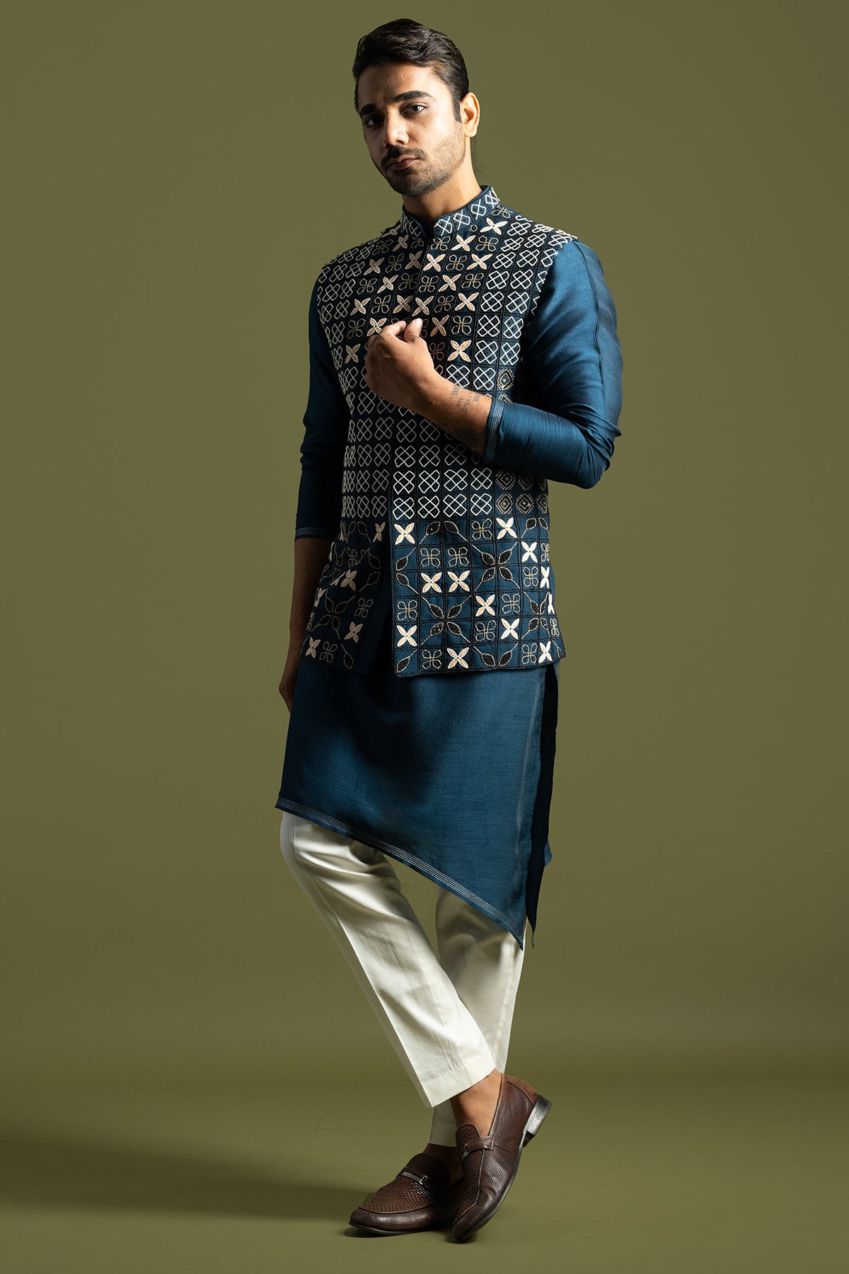 Teal Bamberg Silk Bundi Jacket