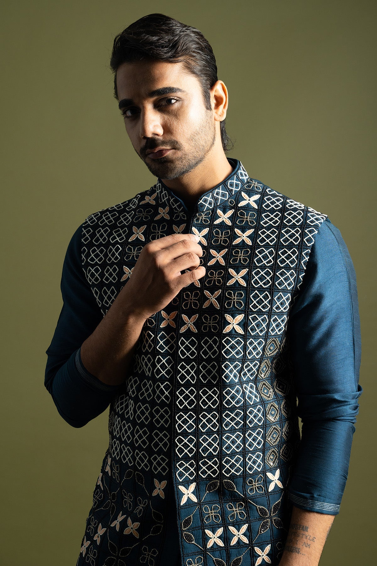 Buy Teal Bamberg Silk Bundi Jacket for men by Paarsh Atelier online available at scrollnshops