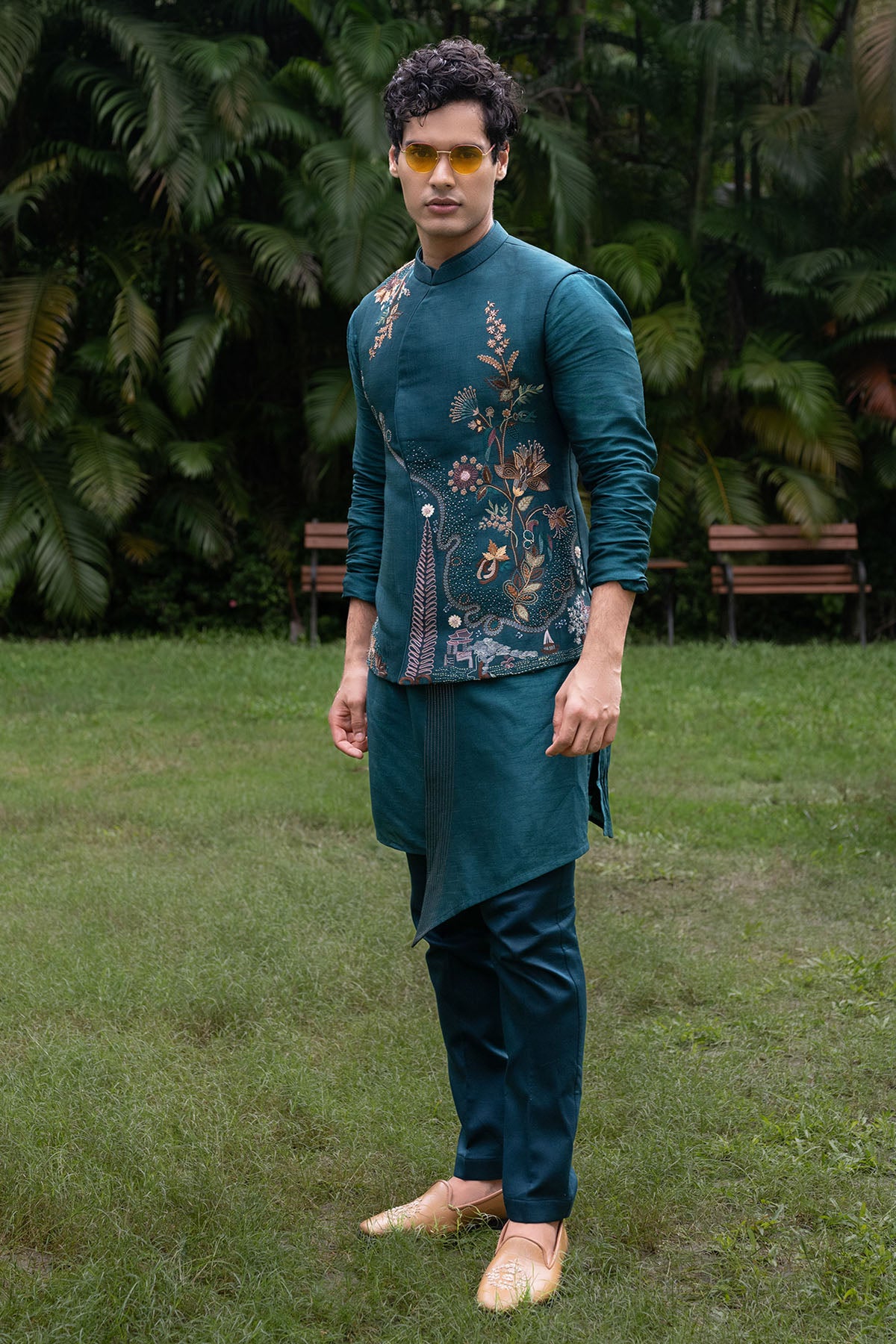 Teal Bamsilk Forest Kurta Set