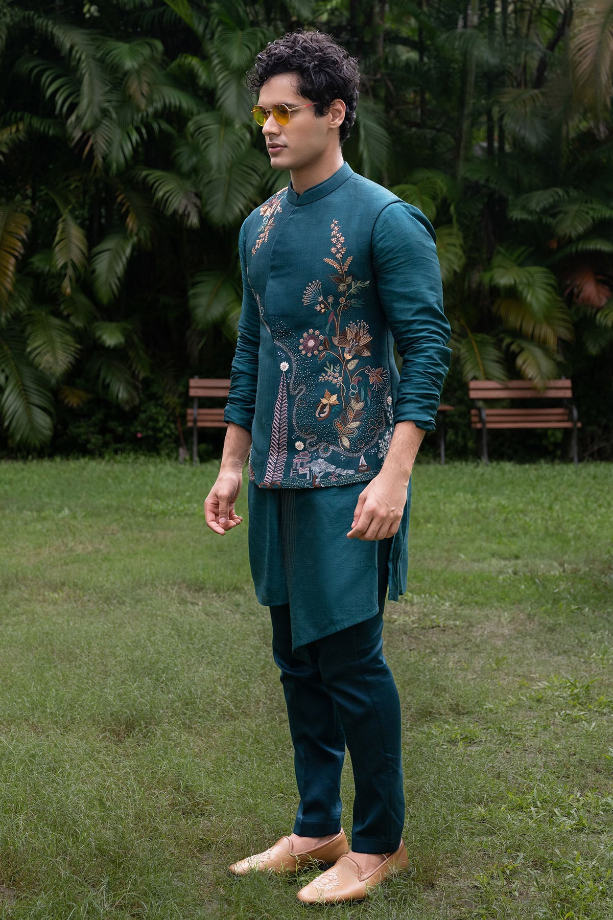 Teal Bamsilk Forest Kurta Set