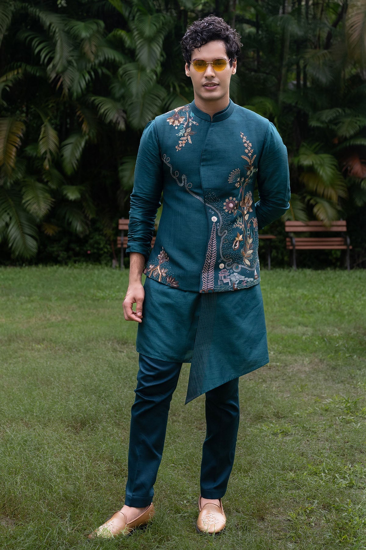 Buy Teal Bamsilk Forest Kurta Set for women by Paarsh Atelier online available at scrollnshops