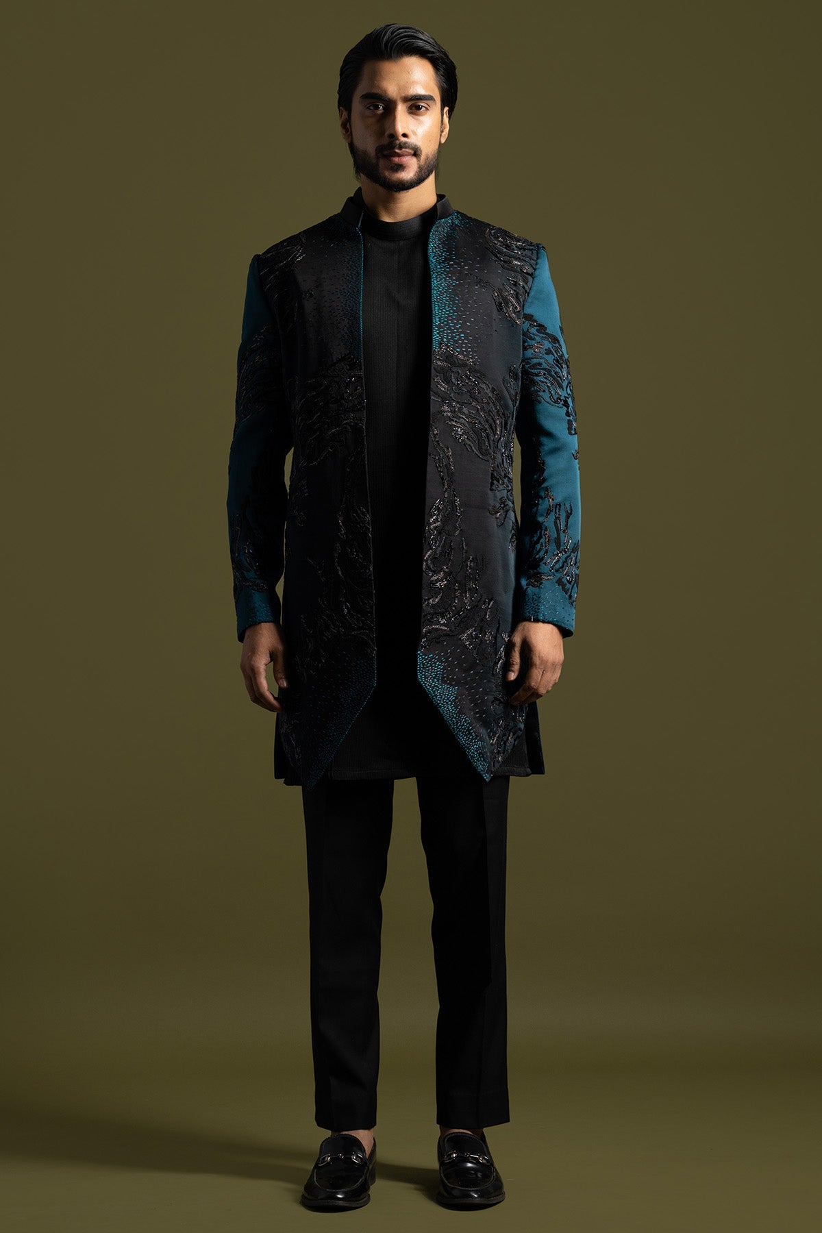 Buy Teal Black Shaded Achkan Set for men by Paarsh Atelier online available at scrollnshops