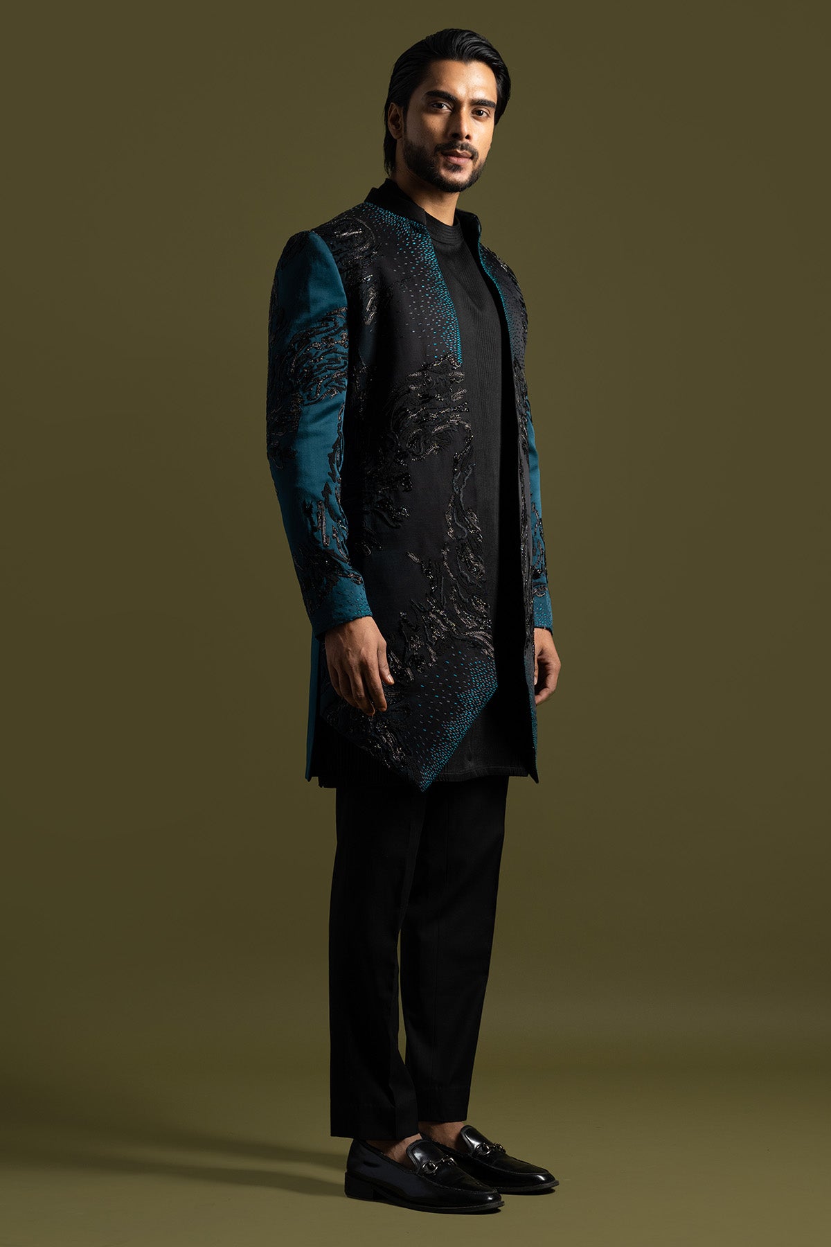 Teal Black Shaded Achkan Set