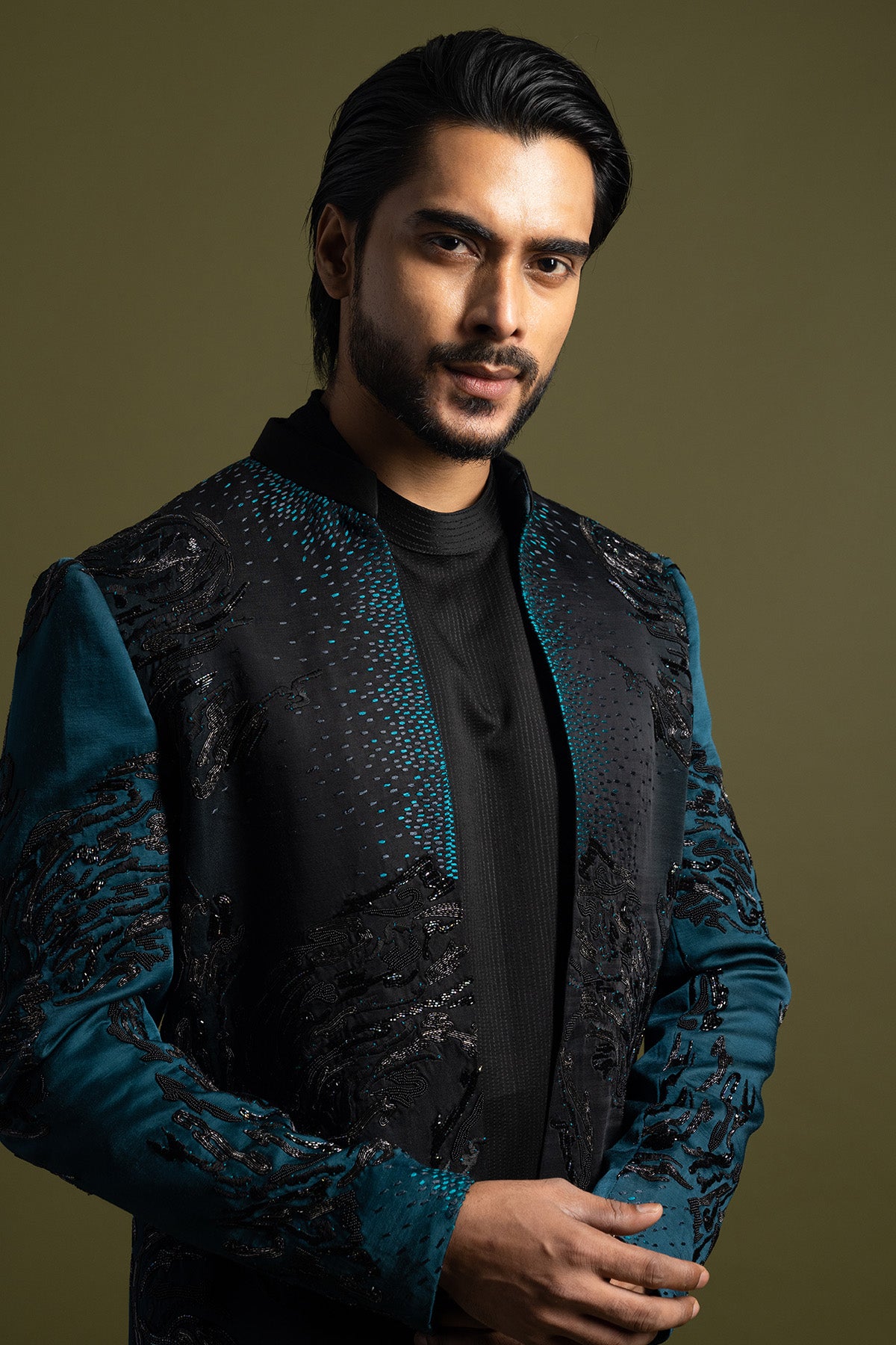 Teal Black Shaded Achkan Set