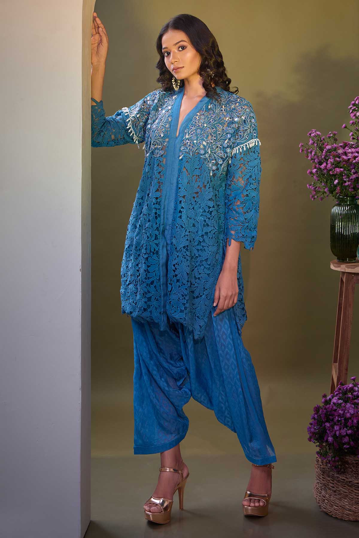 Aishwarya Tyagi Teal Blue Cut Work Kurta & Dhoti for women online at ScrollnShops