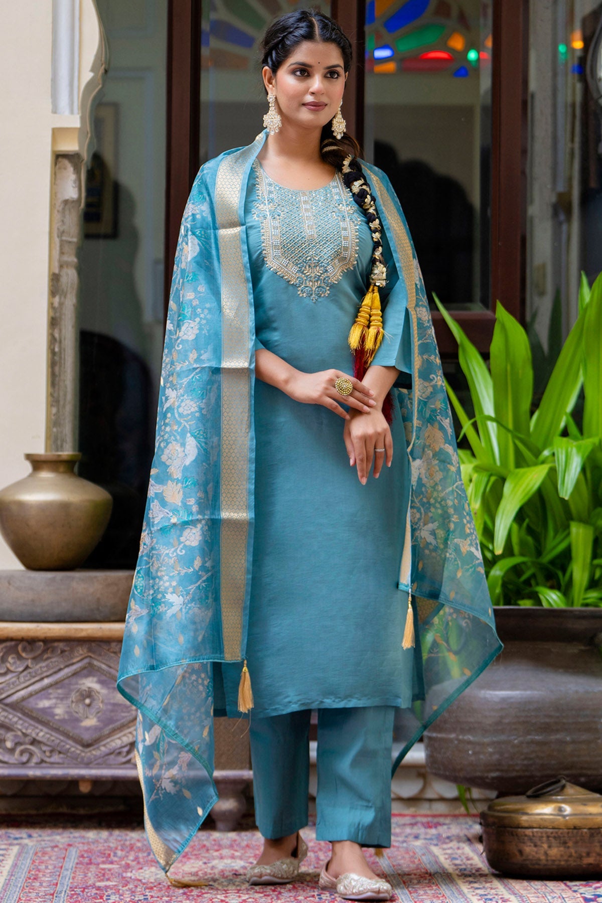 Buy Teal Blue Embroidered Kurta Set for women by Aastha Fashion online available at scrollnshops