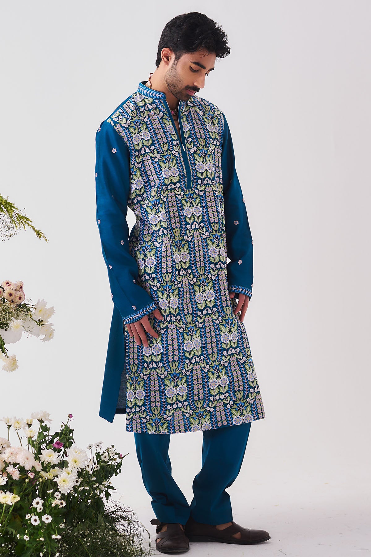 Teal Blue Floral Kurta & Pants