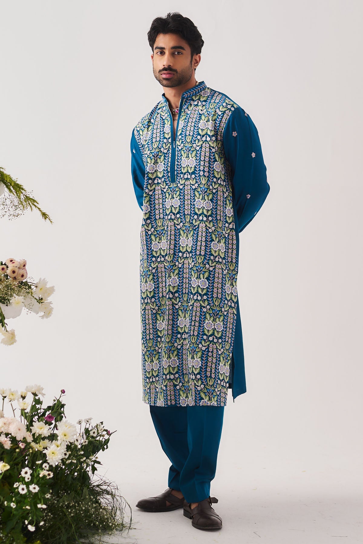 Buy  Teal Blue Floral Kurta & Pants for Men by WABI SABI available online at ScrollnShops