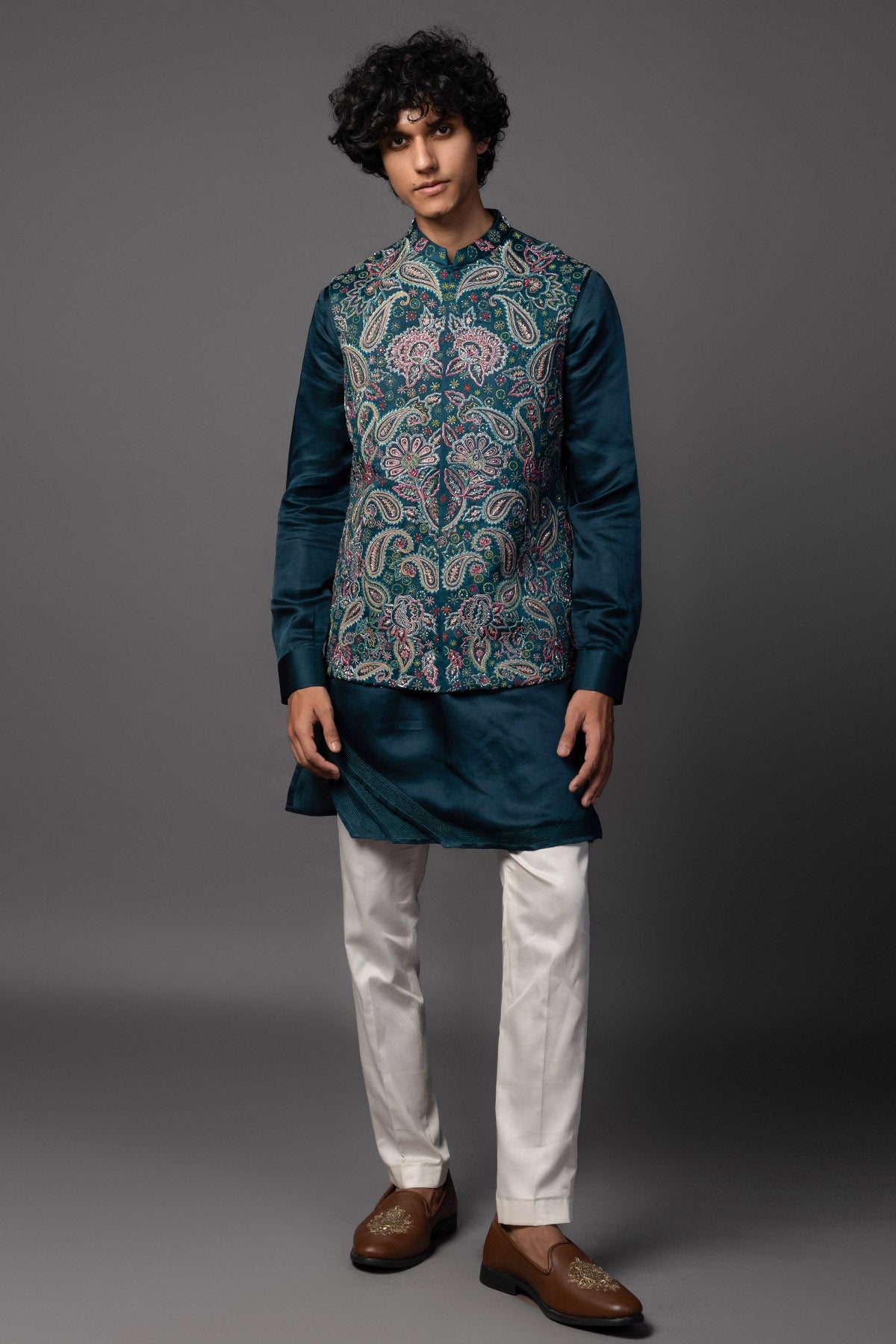 Buy Teal Blue Kasuti Work Kurta Set for men by Paarsh Atelier online available at scrollnshops