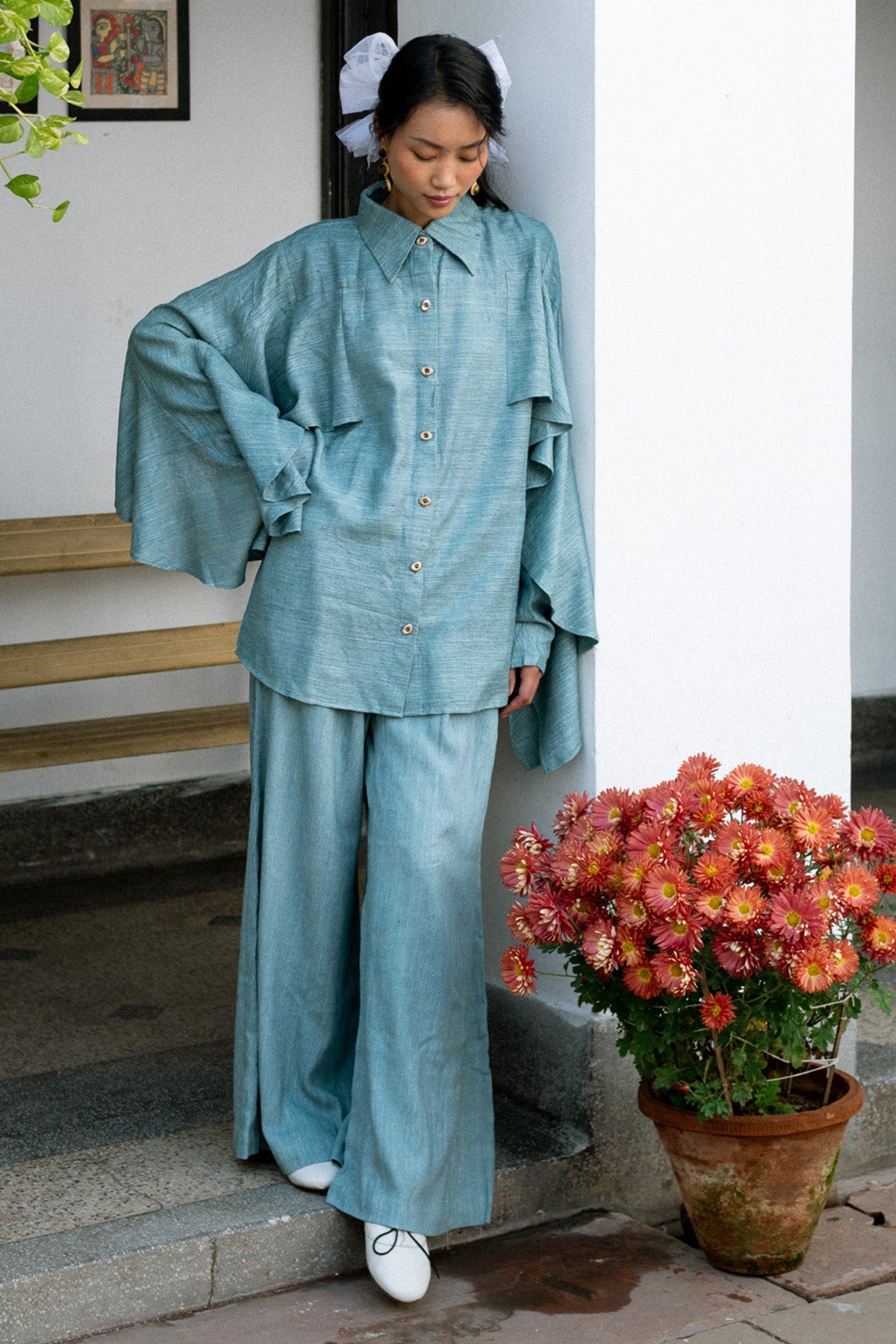 Buy Teal Blue Linen Shirt & Pants by Lahario for women online at ScrollnShops