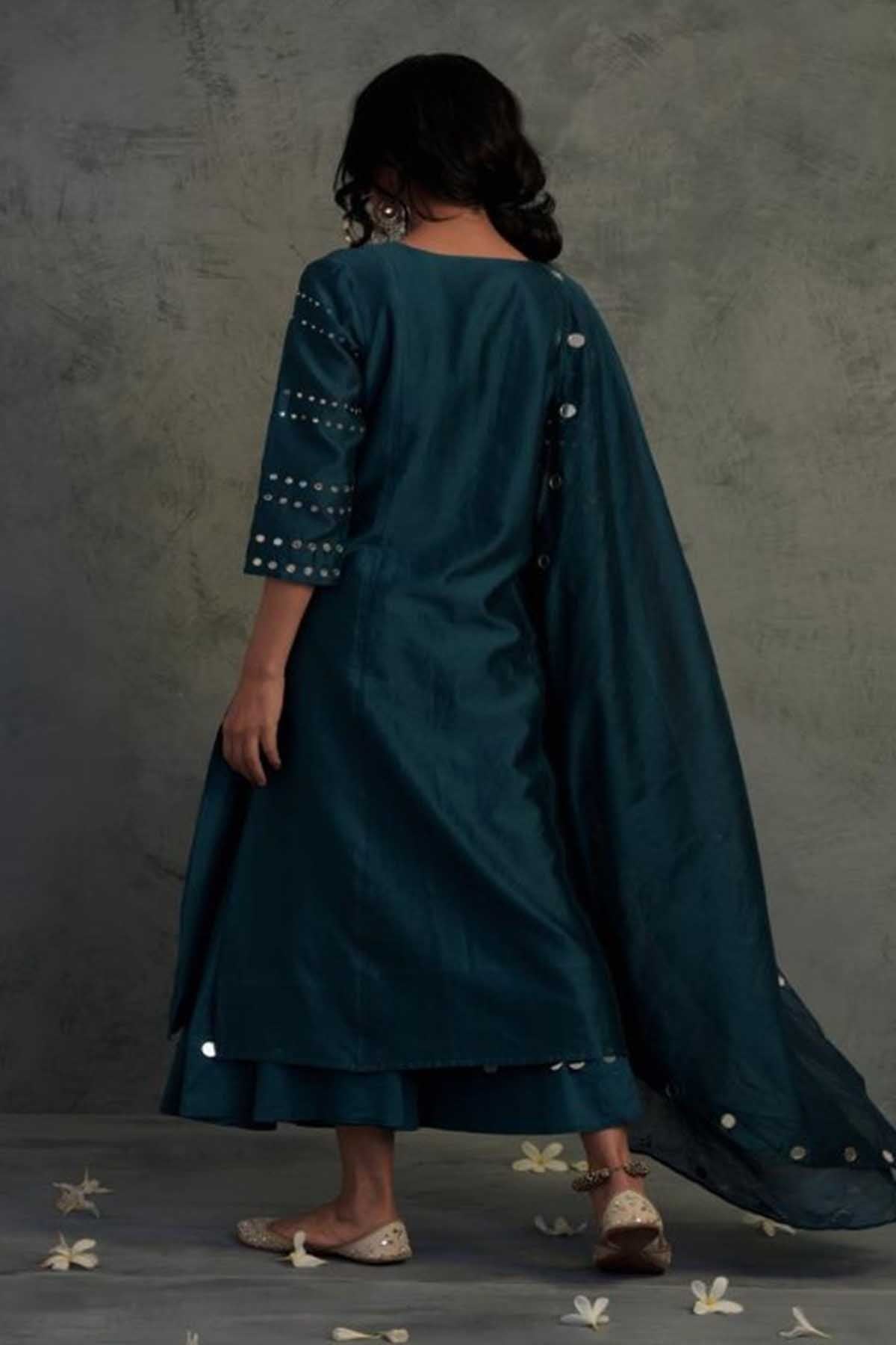 Teal Blue Mirror Work Kurta Set