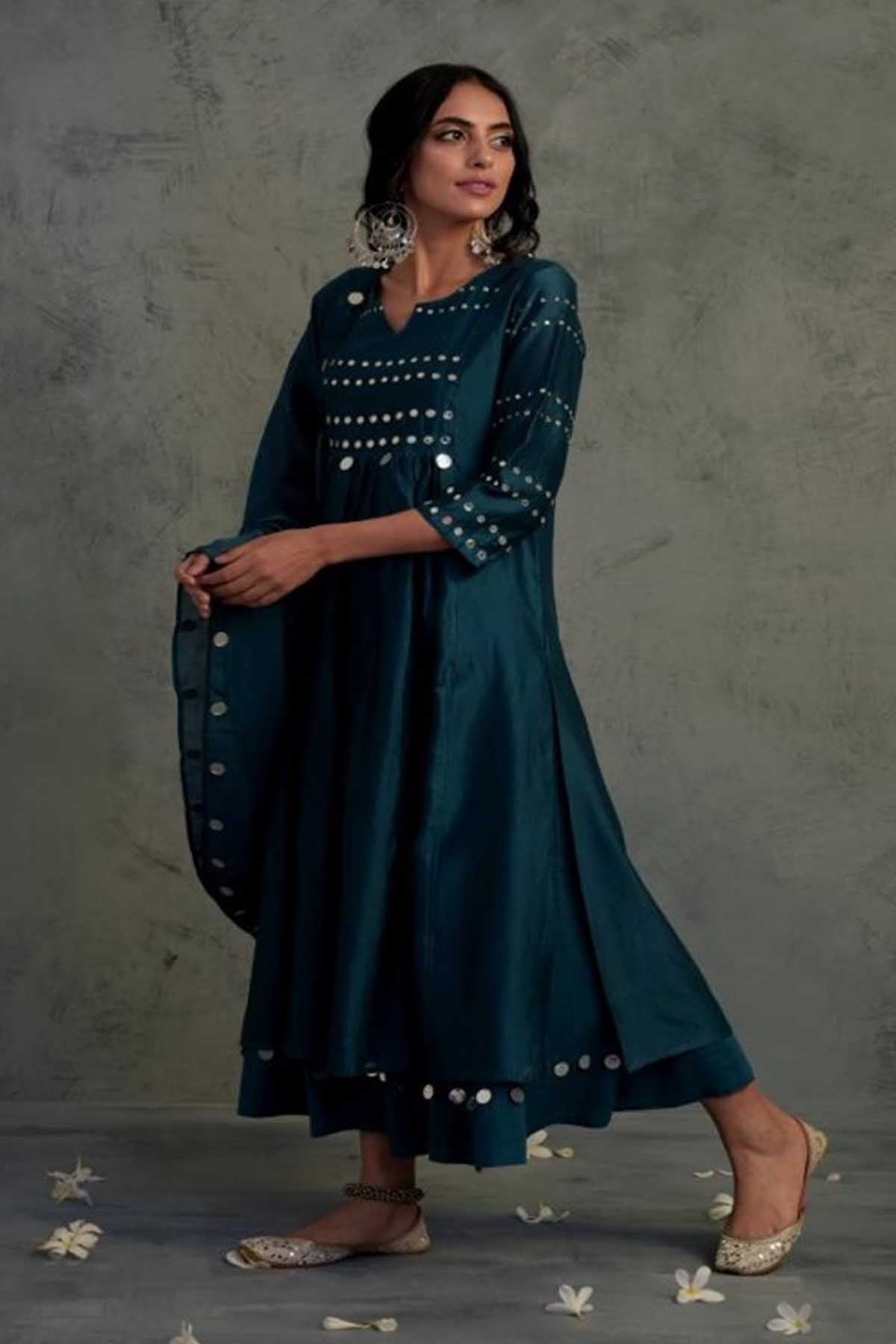 Teal Blue Mirror Work Kurta Set