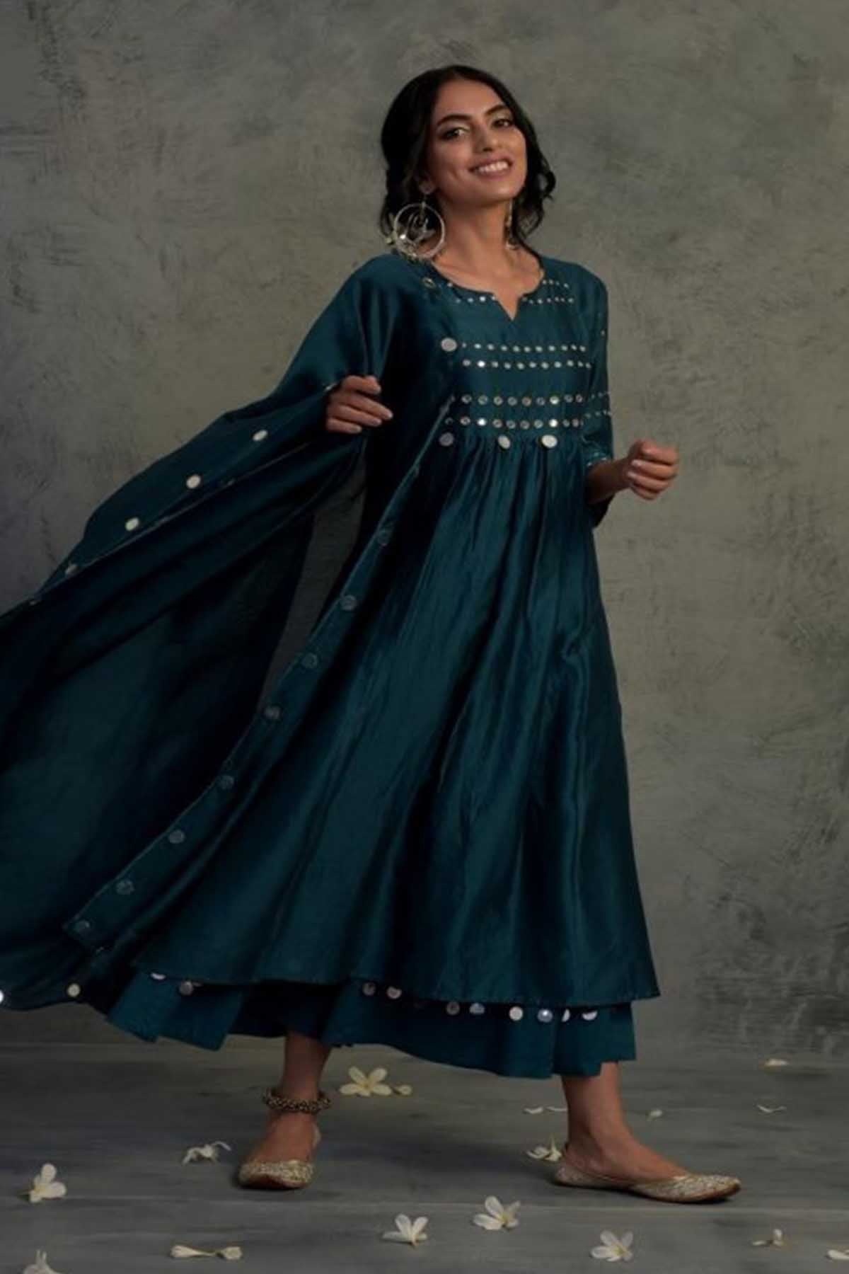 Buy Teal Blue Mirror Work Kurta Set Online